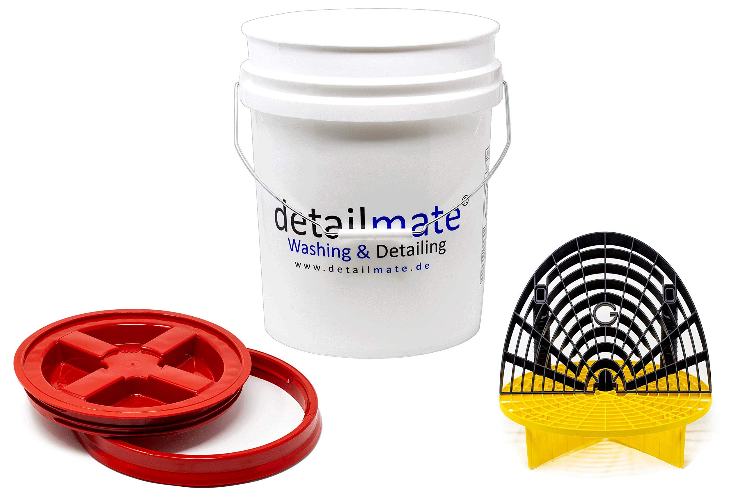Detailmate professionelles Wasch Eimer Set: Magic Bucket Wascheimer 5 GAL (ca. 20 Liter), Gamma Seal Eimerdeckel rot, GritGuard Schmutz Einsatz gelb, GritGuard Washboard schwarz