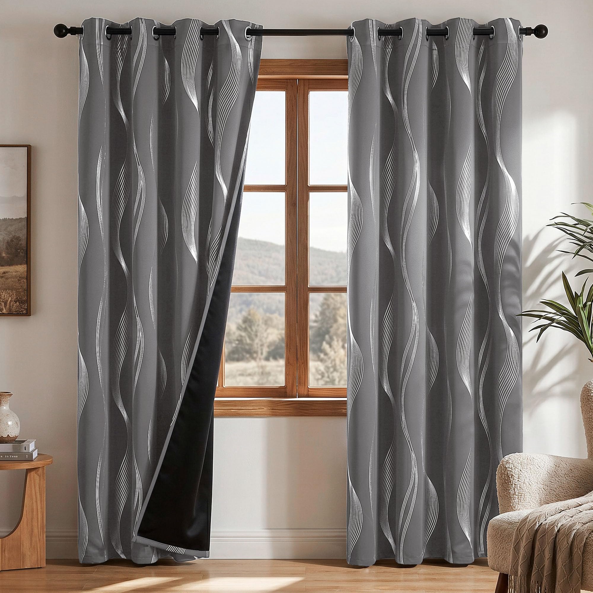 Deconovo Full Blackout Curtains OEKO-TEX Certified Thermal Insulated Eyelet Curtains for Bedroom Living Room with Silver Wave Line Foil Printed Light Grey W46 x L54 2 Panels
