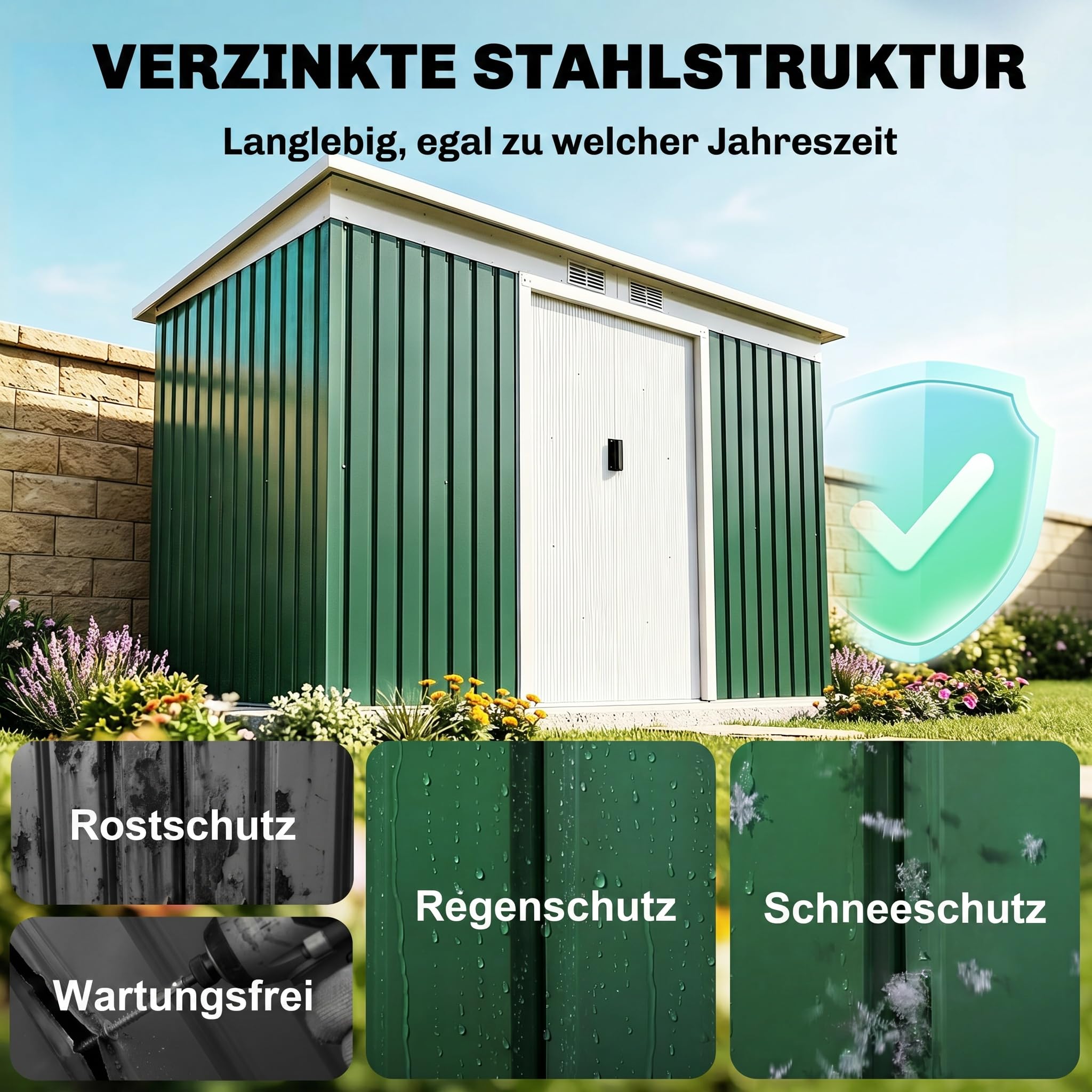 Outsunny Metall Gerätehaus 6,3m³ 280x130x172cm Geräteschuppen mit Pultdach Schiebetür wetterfest Gartenhaus Outdoor Garten Schuppen Schrank für Hinterhof Außenbereich Anthrazit, Dunkelgrün