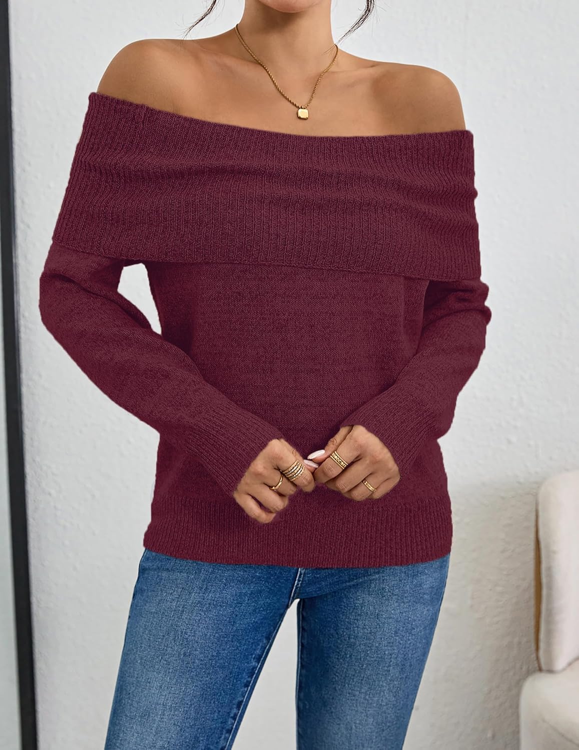 SunnyMelody Womens Off The Shoulder Sexy Sweater Fall 2025 Trendy Ladies Dressy Chunky Ribbed Knit Slim Fit Pullover Tops - Image 4