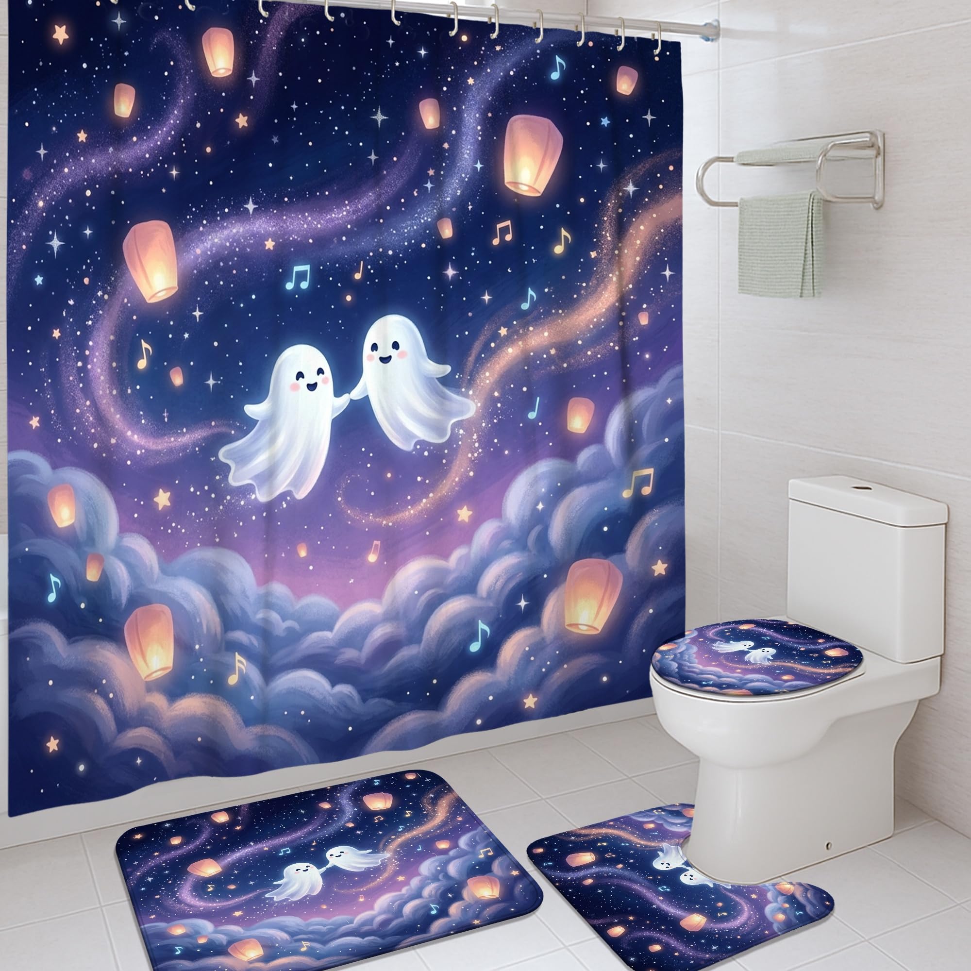 Rideau de douche fantômes imperméable et tapis violet anti-éclaboussures