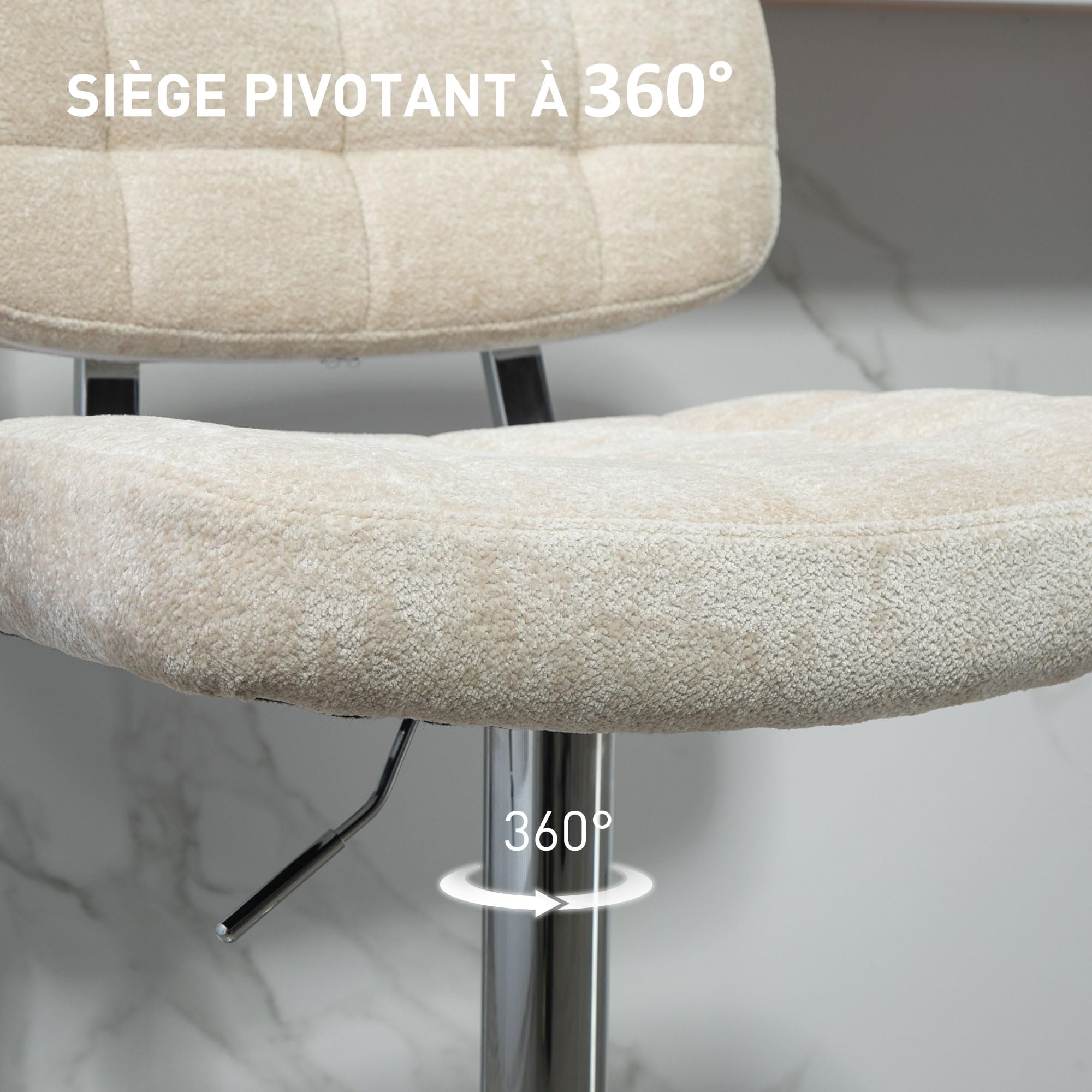 HOMCOM Lot de 2 tabourets de Bar pivotants, Hauteur réglable, Beige | Chaises de Bar, Chaise Haute Cuisine avec Dossier, Repose-Pieds, Cadre en Acier, Charge 120 Kg