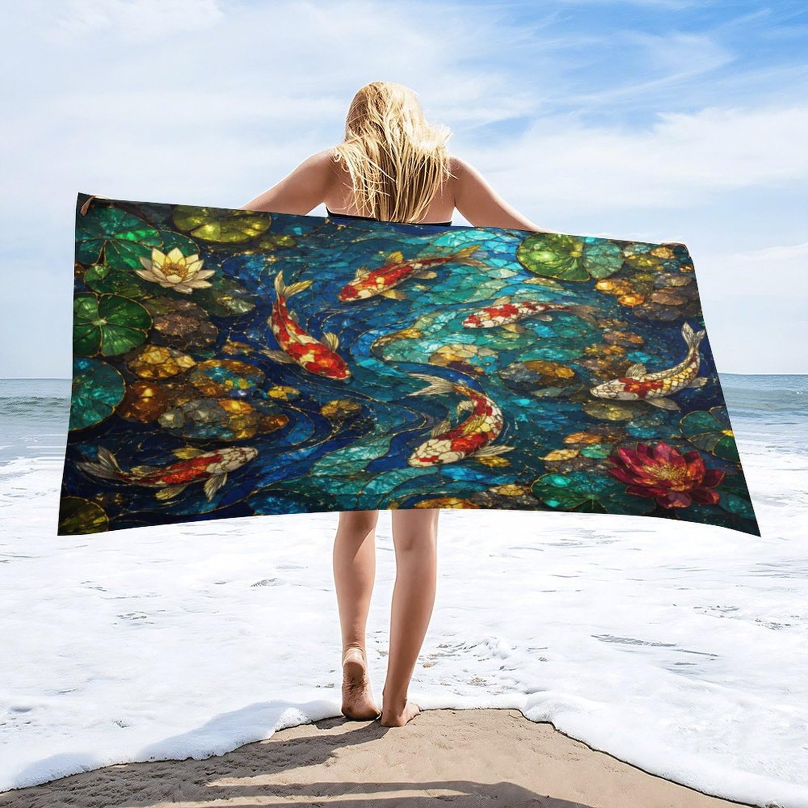 Anceky Koi Fish Pond Waterlily Beach Towel 30"×60",Soft Microfiber Bath Towel Shawl, Quick Dry Absorbent Pool Spa Gym Shower Towel