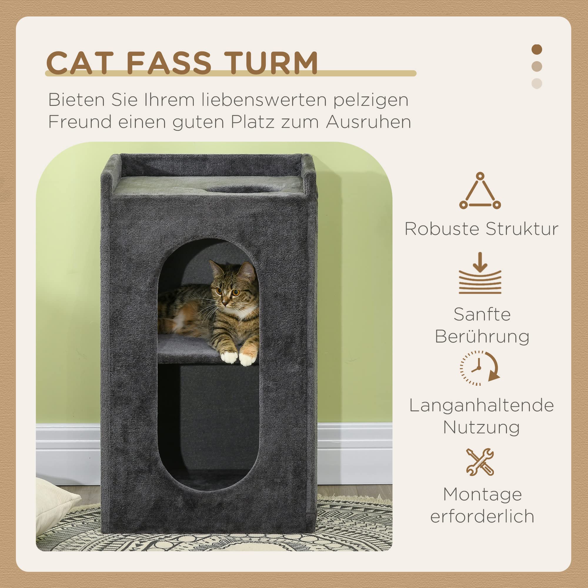 PawHut Kratztonne, 81 cm hoch Katzentonne mit 2 Höhle, Kratzbaum mit Kratzbrett, Katzenturm mit 2 Ebenen, für Katze bis 6 kg, Dunkelgrau