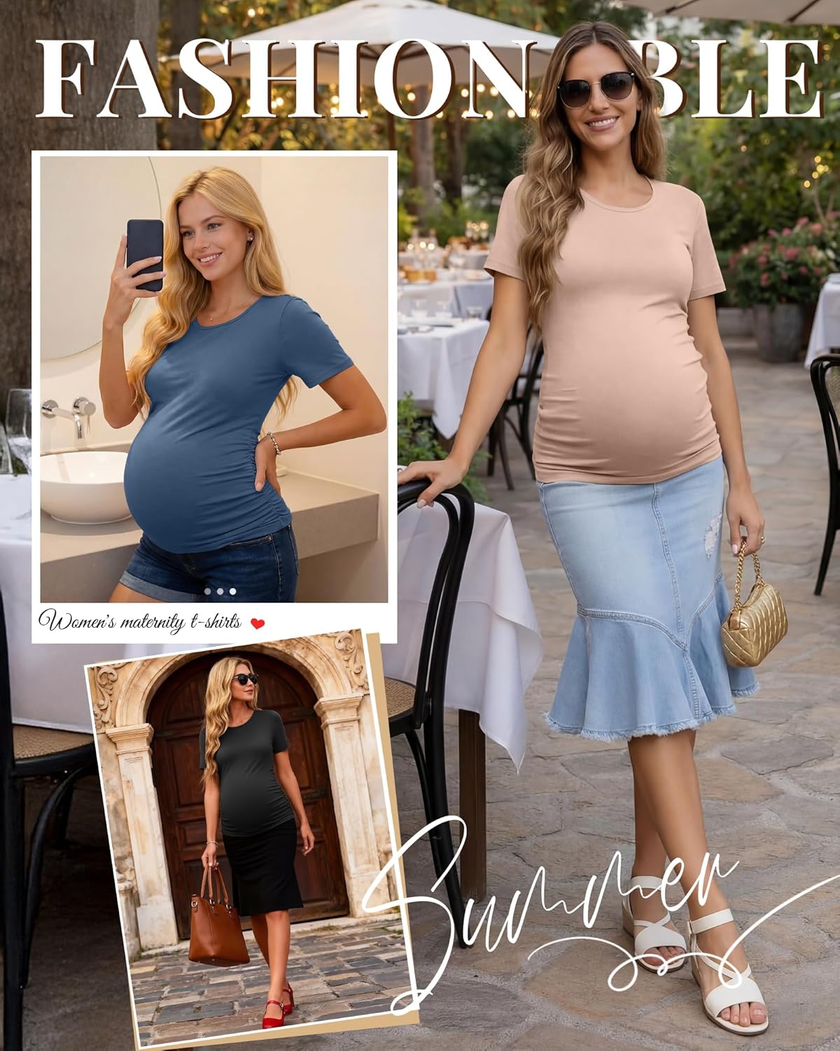 Ficerd 3 Pack Women's Maternity T-Shirts, Short Sleeve Maternity Tops Comfy Crew Neck Side Ruched Pregnancy Clothes - Image 3