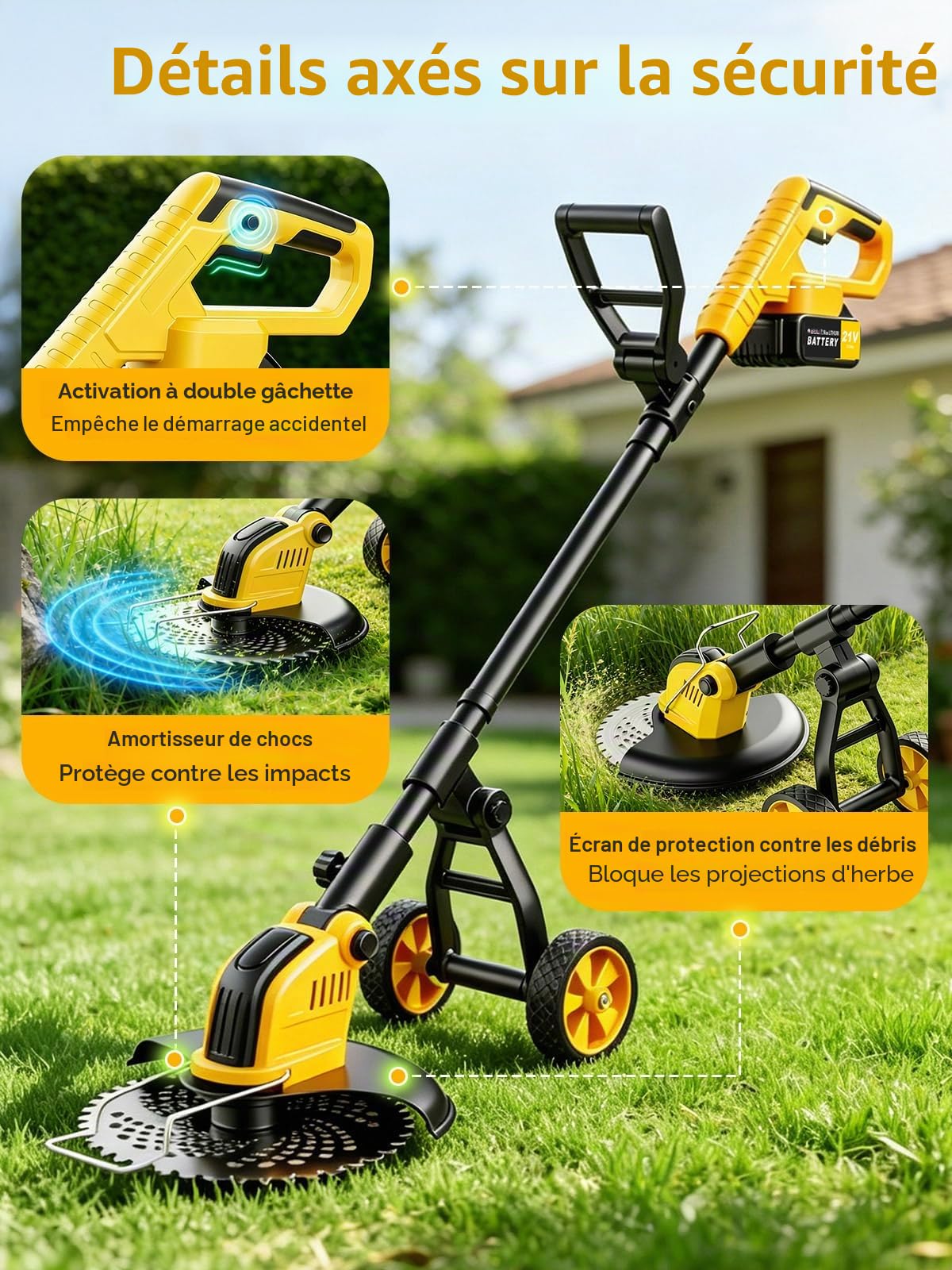 Débroussailleuses Electrique sans FI 21V,Coupe Bordures sans Fil avec 2 * 3.0Ah Batterie et Chargeur,Moteur Brushless 800W,30CM Débroussailleuse à Batterie avec Roue&4 Types Lames pour Jardin Élagage