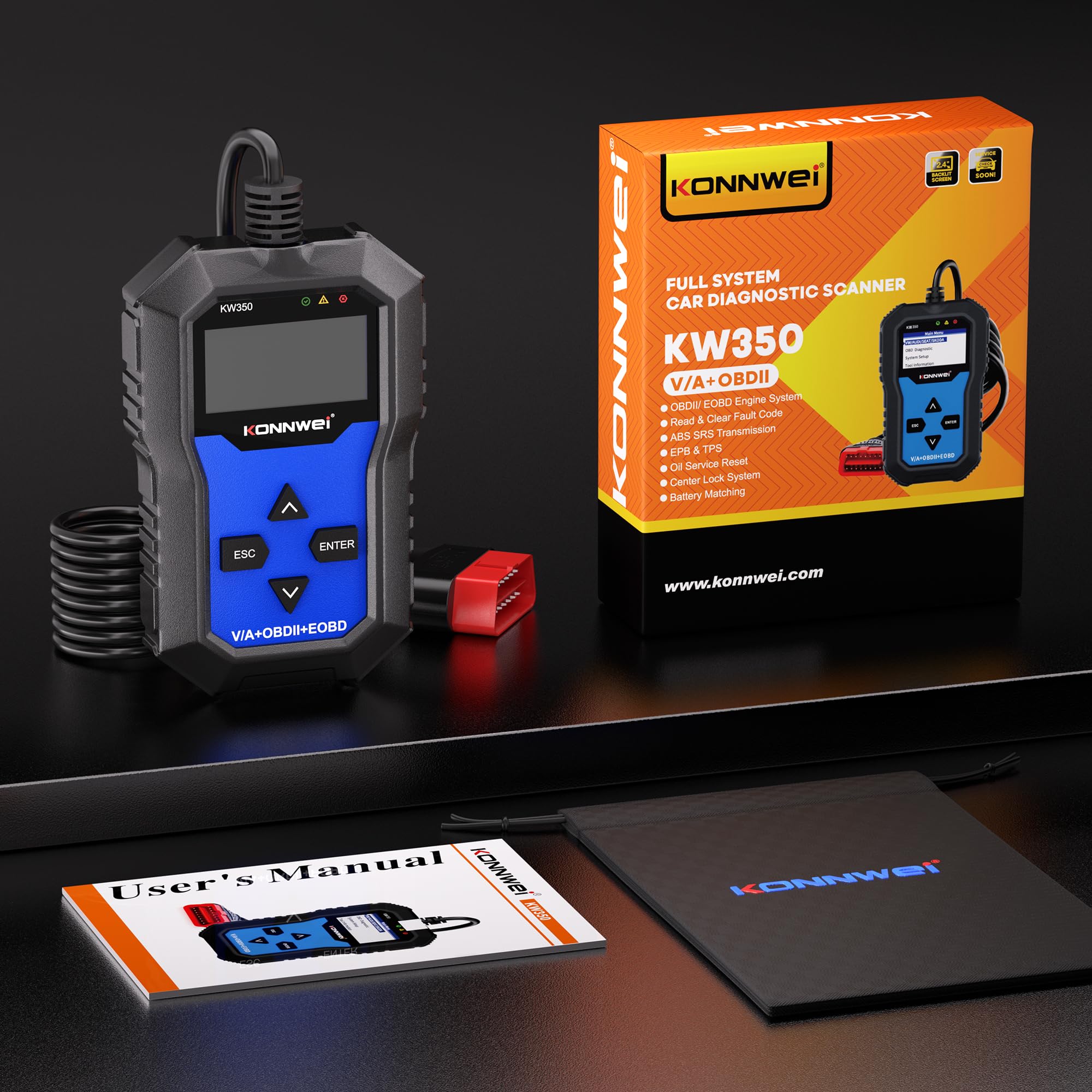 KONNWEI KW350 OBD2 urządzenie diagnostyczne do samochodu, czytnik kodów błędów do VW/Audi/Skoda/Seat, lampka kontrolna silnika OBD2, skaner z resetem oleju BMS/DKA/EPB, w języku niemieckim