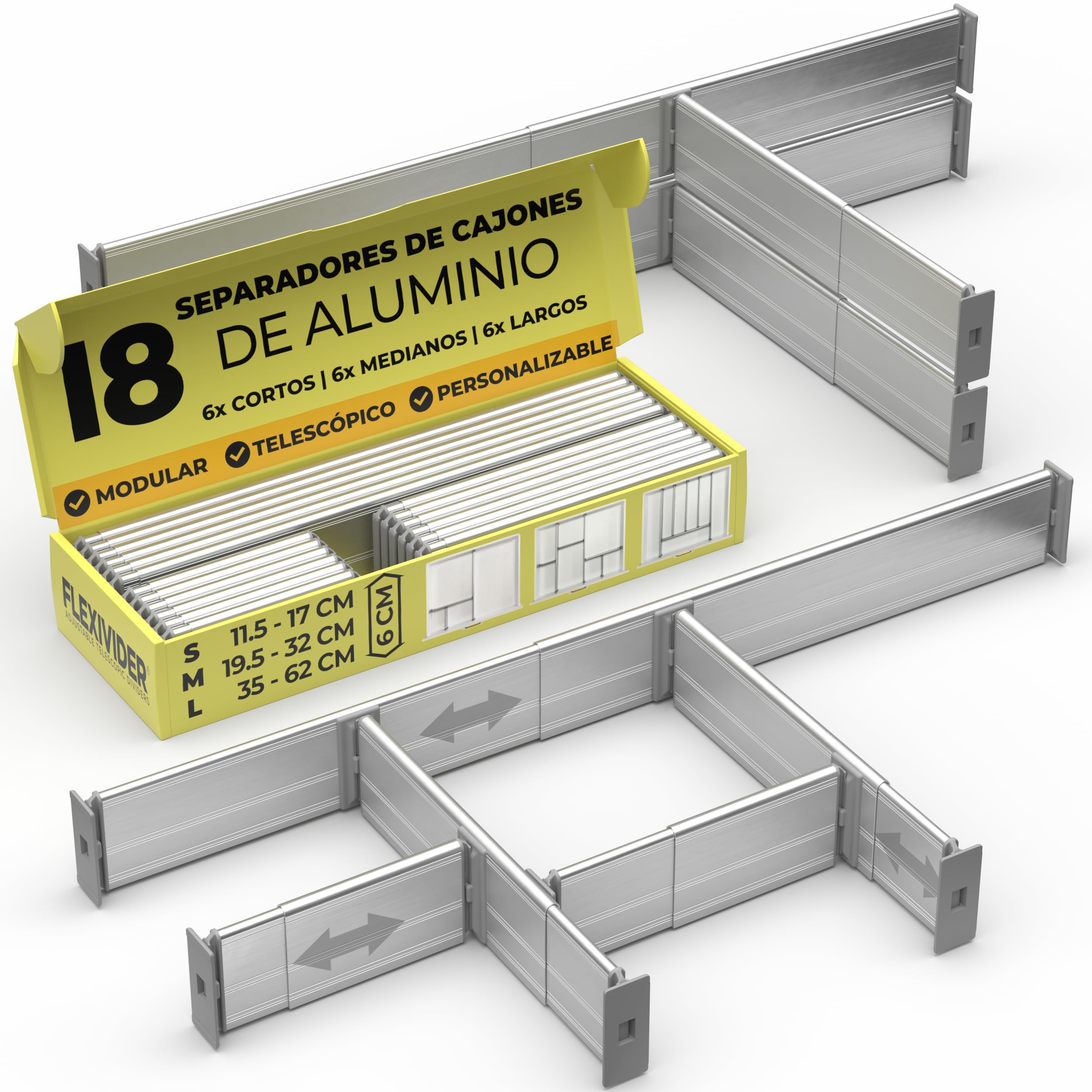 PRACTICAL COMFORT Sistema de compartimentos ajustables de aluminio para cajones planos, separadores de cajones extensibles y separadores de cajones (telescópicos), 6 cm de altura, 18 piezas (6 L+6M+6S