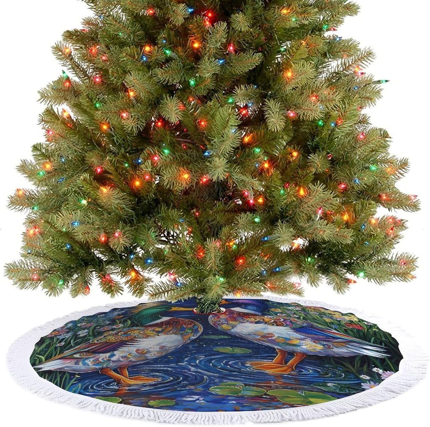 Mallard Duck Print Bird Christmas Tree Skirt Round Xmas Tree Mat Ornaments Tree Skirts with Tassels for Holiday Party