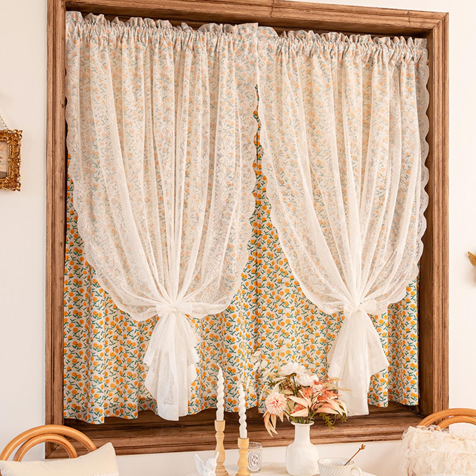 ZZYK Orange Printed Kitchen Curtains Valances Privacy Window Blackout Panels for Farmhouse Cafe Living Room,Washed Short Window Cover Tiers with Lace,Paste,79" W x 59" L