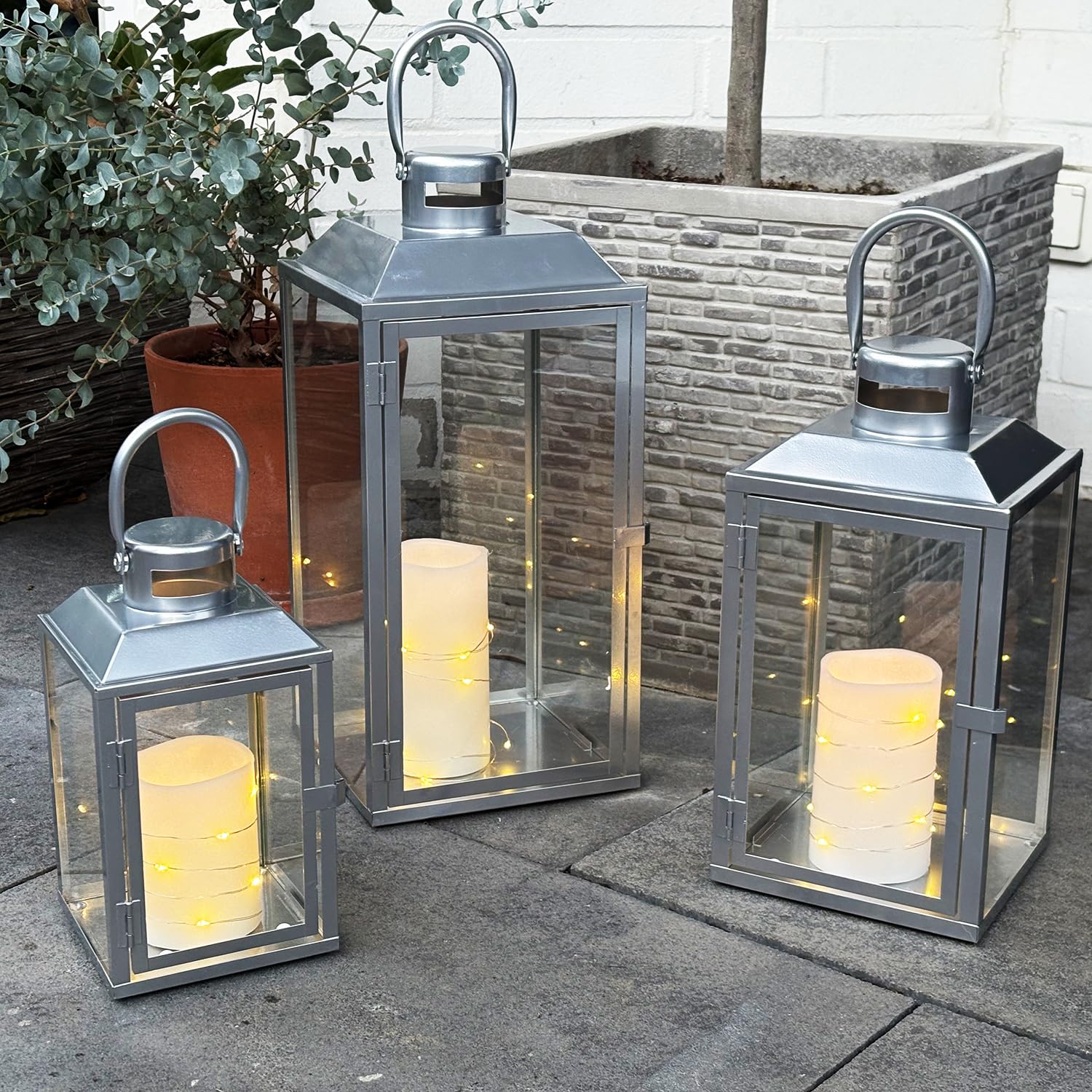 3er Set Gartenlaterne Windlicht Laterne Laternen Metalllaterne Set Dekoration Außen Metall Silber H24/33/41cm