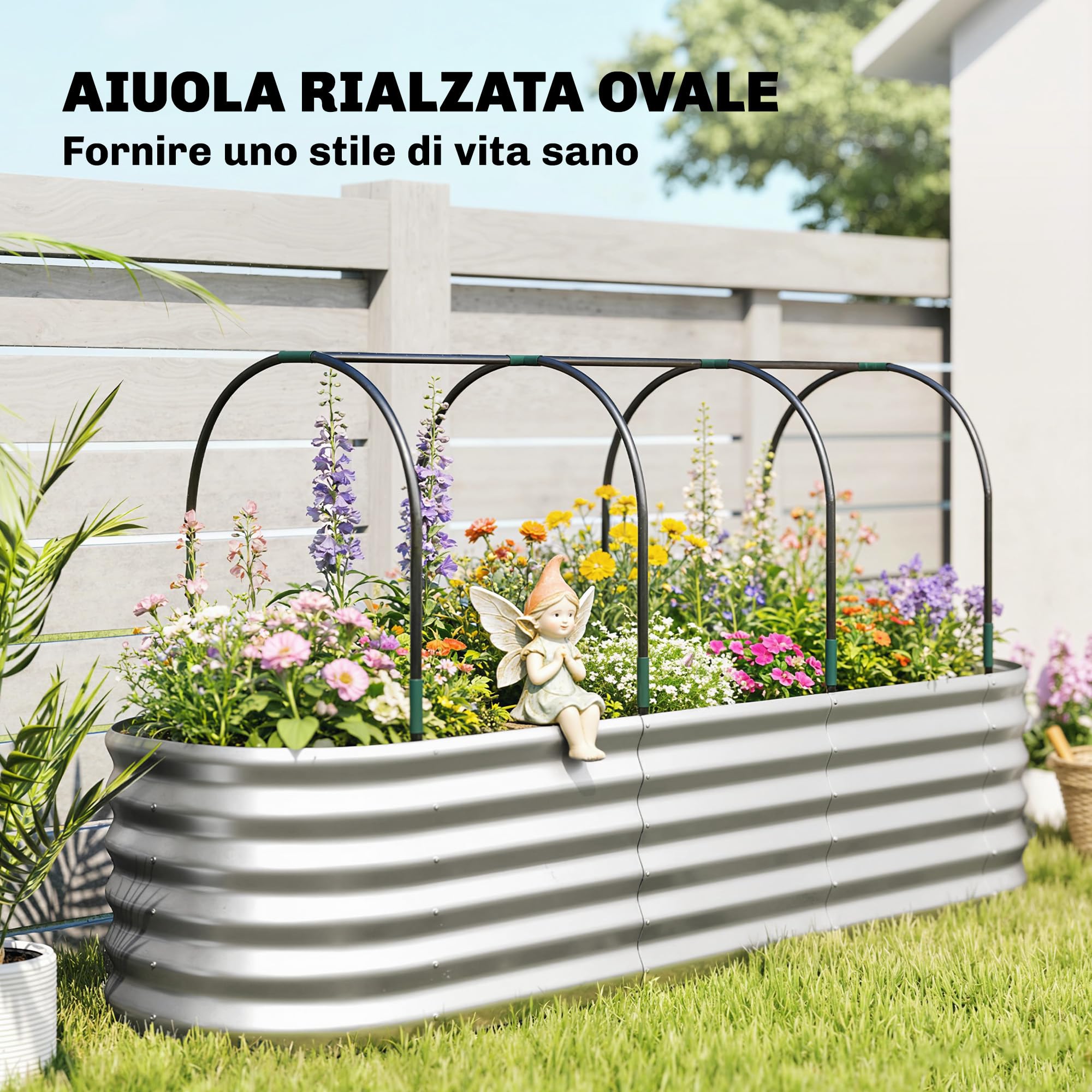 Outsunny Orto Rialzato da Esterno con Graticcio per Piante Rampicanti, Serra Coperture, Fioriera da Esterno Elevata in Acciaio con Fondo Aperto e Guanti, Verdure e Fiori, 200x60x103 cm, Argento