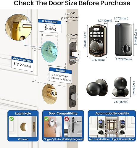 Miniatura 6 de Veise Cerradura de puerta de entrada sin llave con 2 perillas, cerrojo electrónico retroiluminado con asa, bloqueo automático, códigos únicos,