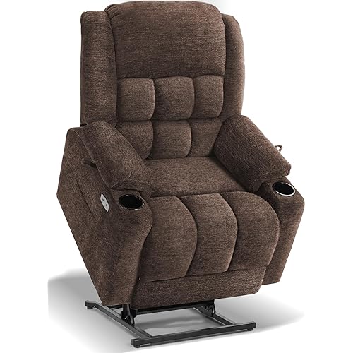 EONIX Dual Motor Lay Flat Power Lift Recliner Chair for Elderly, Electric Recliner Lift Chair for Adults with Heat and Massage, Cup Holders, 400lbs Heavy Duty, SLRY014062, Coffee