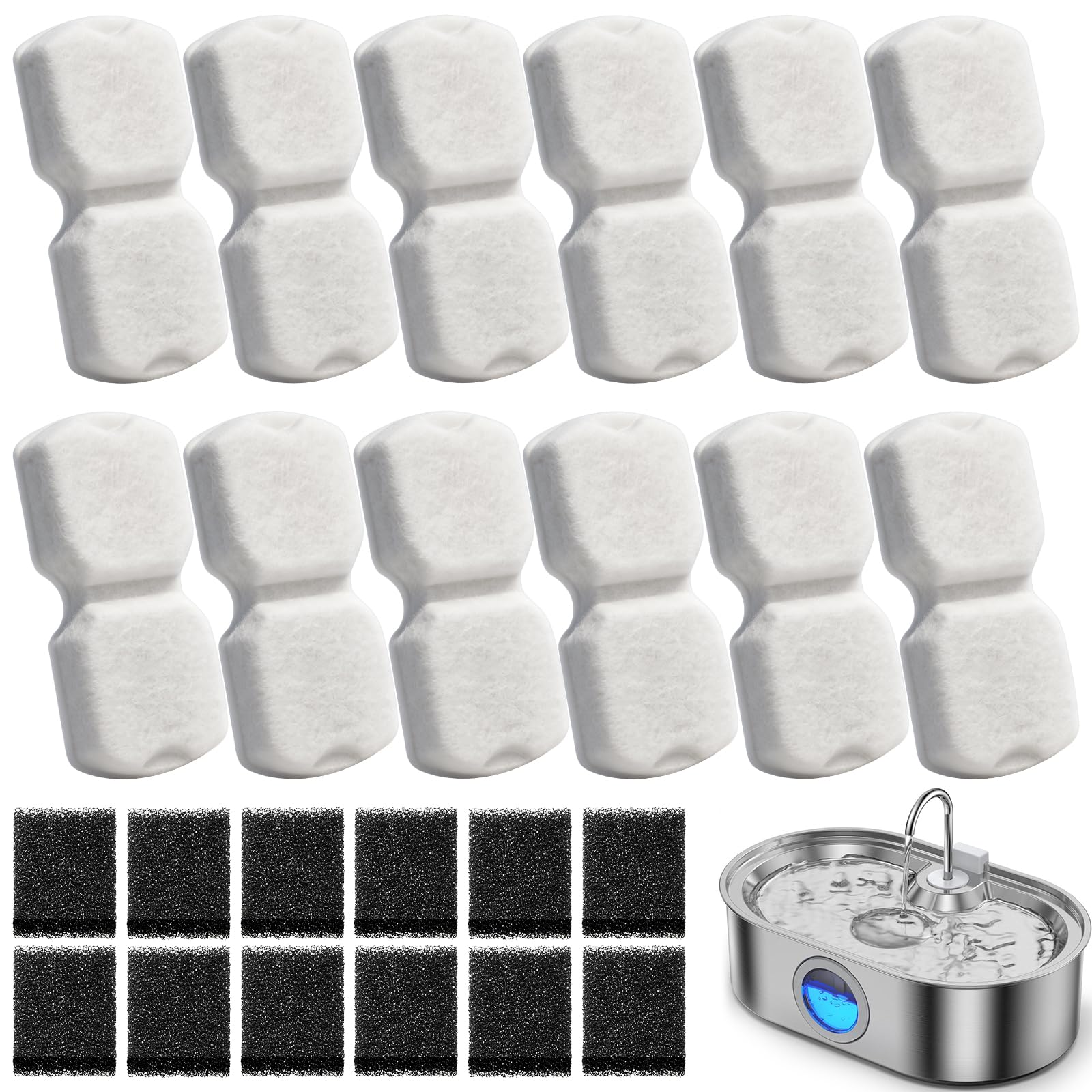 10 * 5cm 24 Filters Stainless Steel Cat Fountain Filter : Pet Water Fountain Filter Pet Water Dispenser Filter 12 Carbon Filters + 12 Foam Filters Stainless Steel Pet for Dog Drinking Fountain