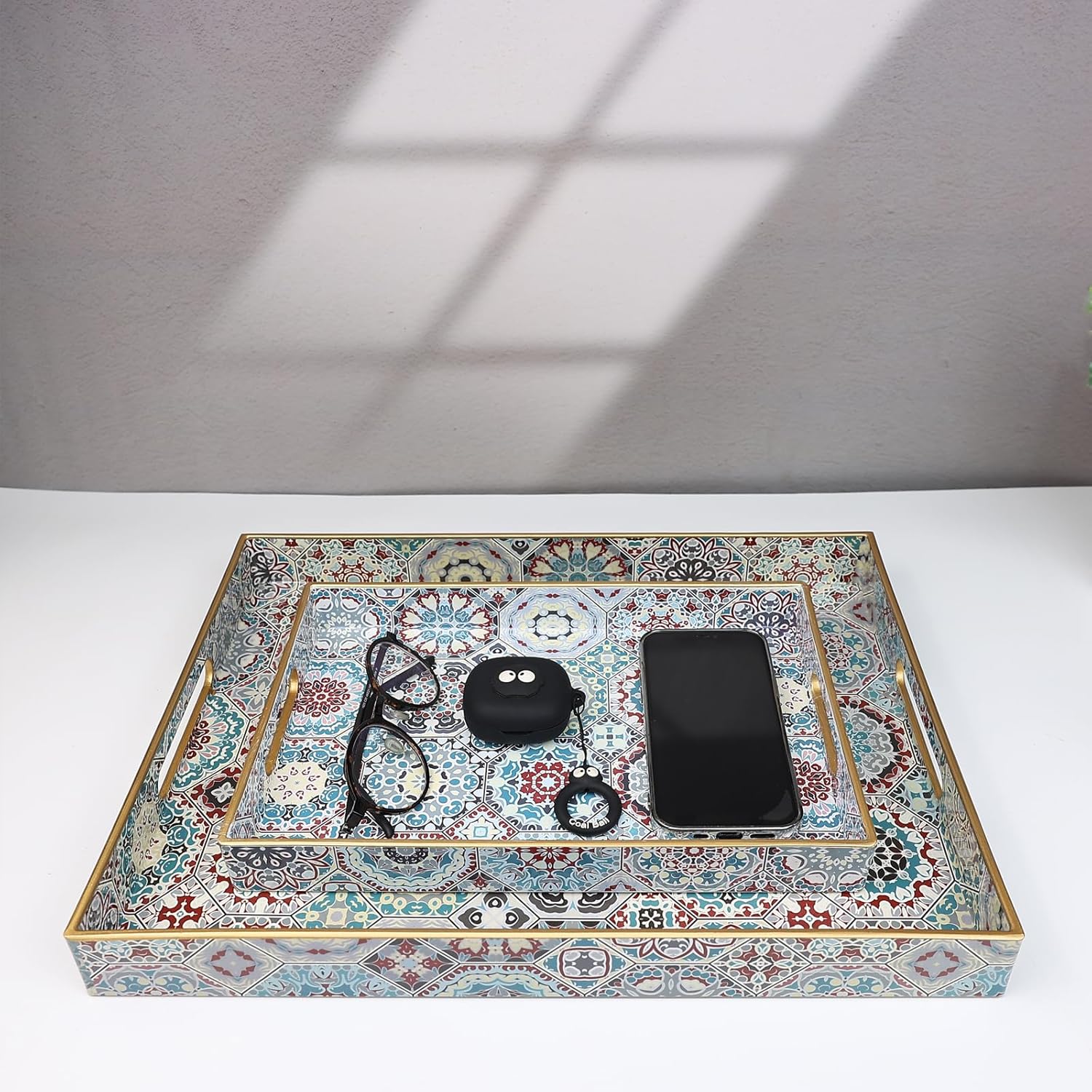 Decorative Serving Tray with Handles, Small and Large Ottoman Tray for Dresser Top