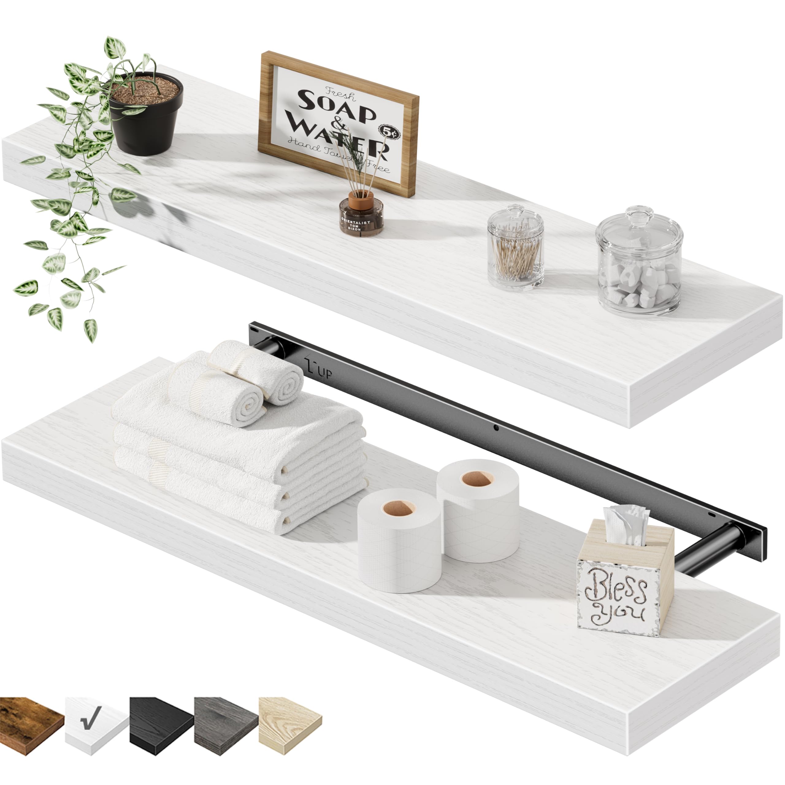 QEEIG Floating Shelves for Wall 23.6" Long - Wall Mounted Shelf Bathroom Kitchen Living Room Bedroom Farmhouse Home Decor Display Bookshelf Large 23.6 x 9.3 inch Set of 2, White (008-60W)