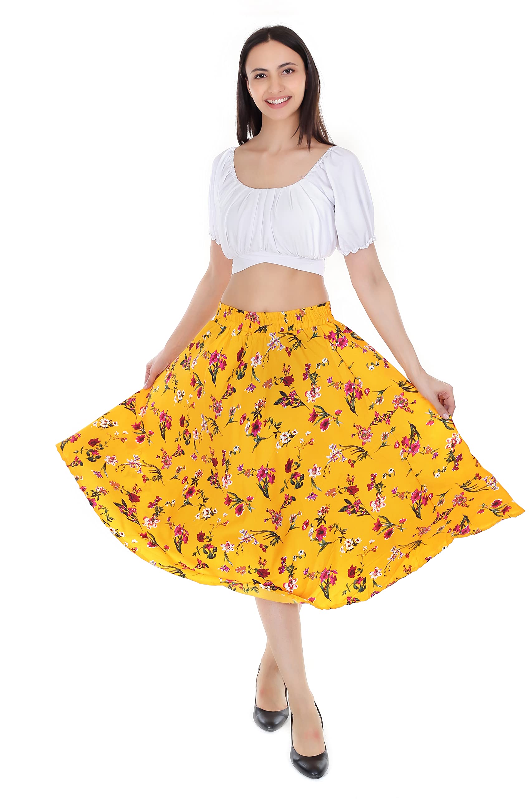 one amore Classic Stretchy All Time Trendy Printed Skirt for Women Yellow