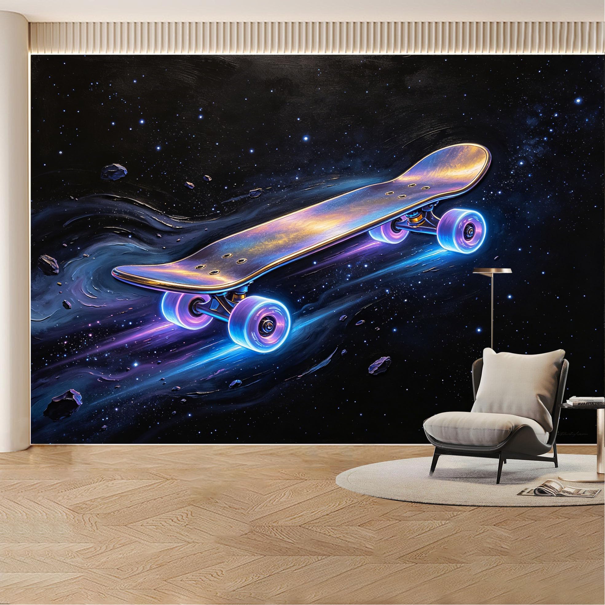 Custom Wall Mural Wallpaper Space Skateboard Landscape Modern 3D Effect Wall Decor Futuristic Cosmic Removable SelfAdhesive Large Photo for Living Room， Bedroom， Office