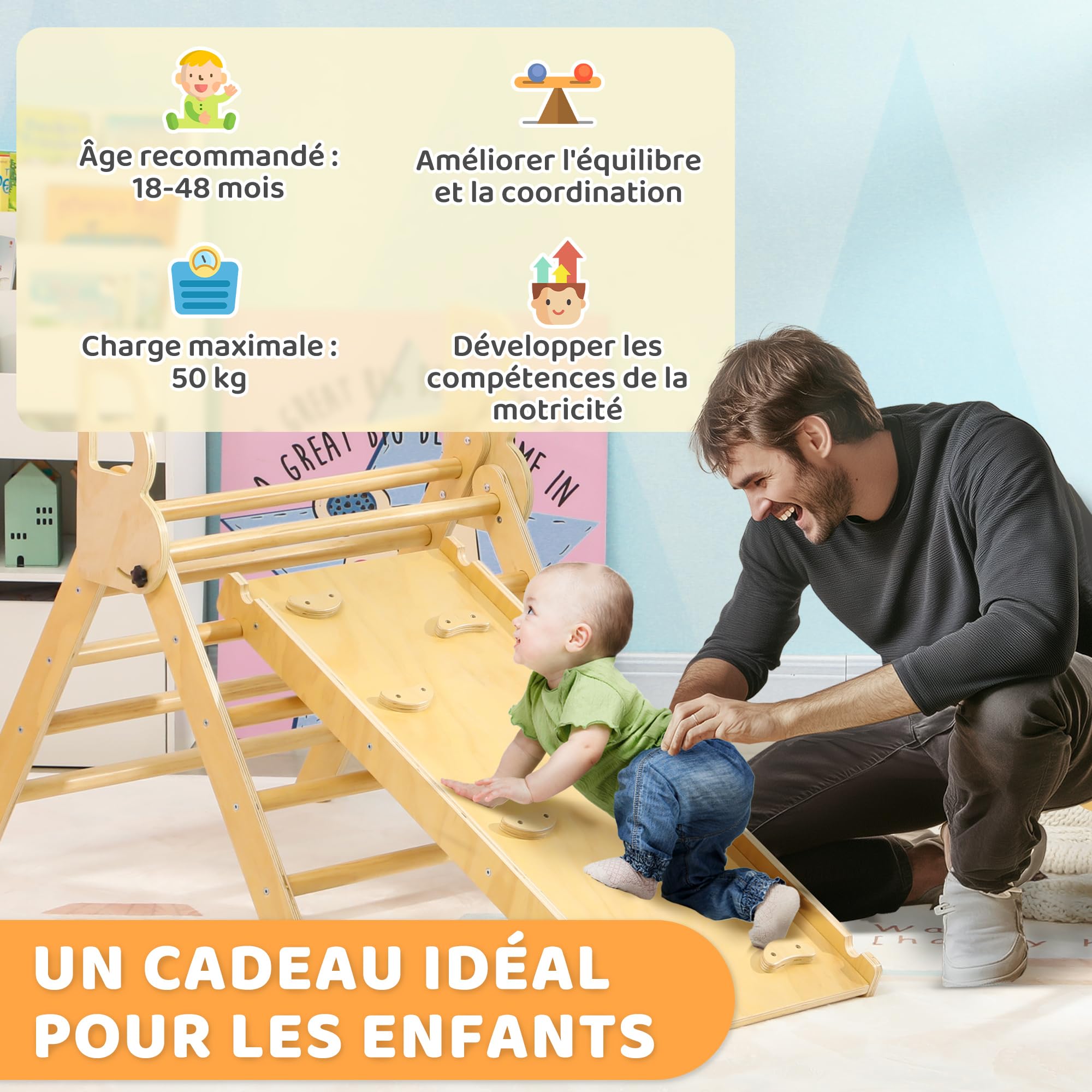 AIYAPLAY Triangle Arche d'escalade Enfants 5 en 1 50 kg Effet Bois Naturel | Avec Triangle d'Escalade, Rampe Réversible, Toboggan, Bascule, pour Bébé 18-48 Mois, Parcours Motricité Bébé