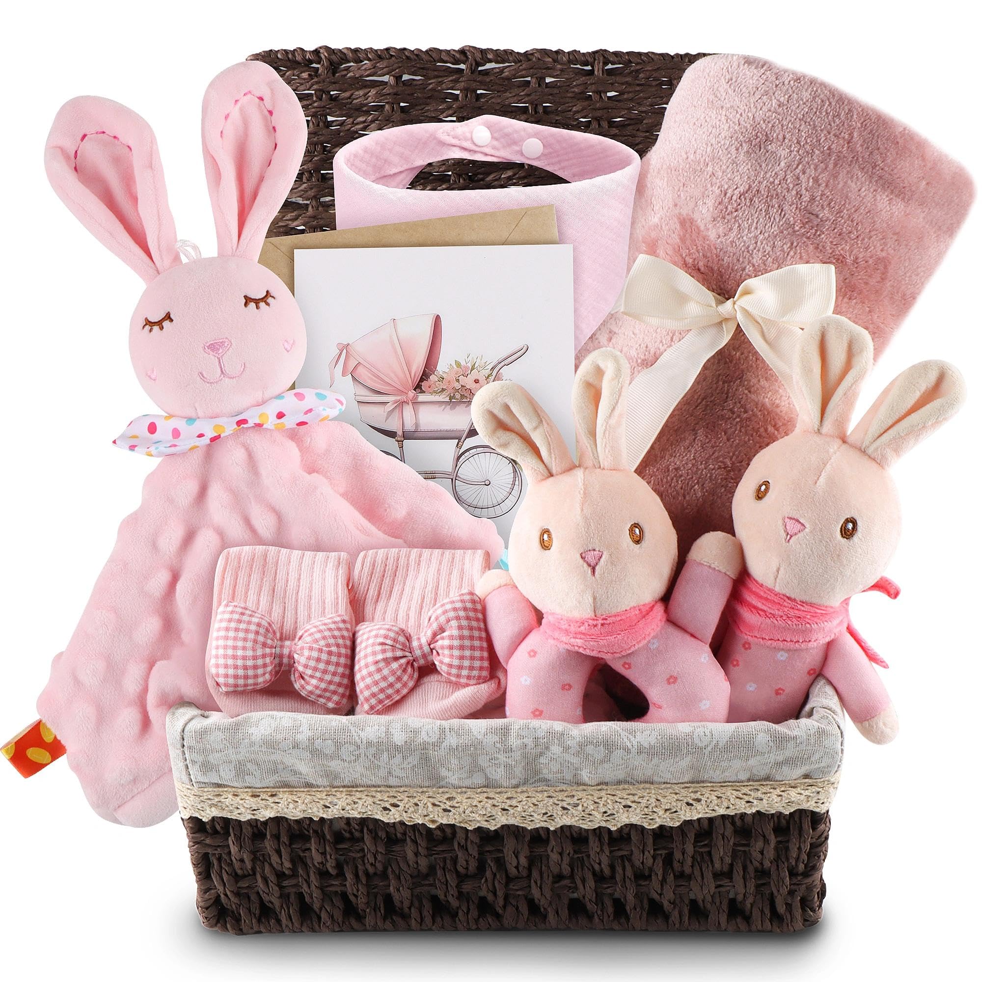 ZXShow Baby Geschenkset Mädche Neugeborenen Geschenkset Baby Geschenkbox zur Geburt mit Decke 70x100 cm Schmusetuch Rassel Lätzchen rutschfeste Socken Korb Baby Geschenk Mädchen Geburt