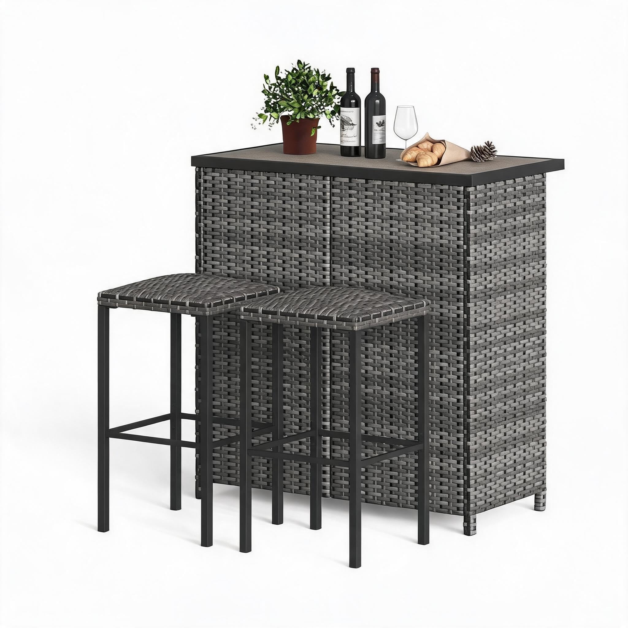 Set de bar de 3 piezas con mesa y taburetes de ratán PE para jardín