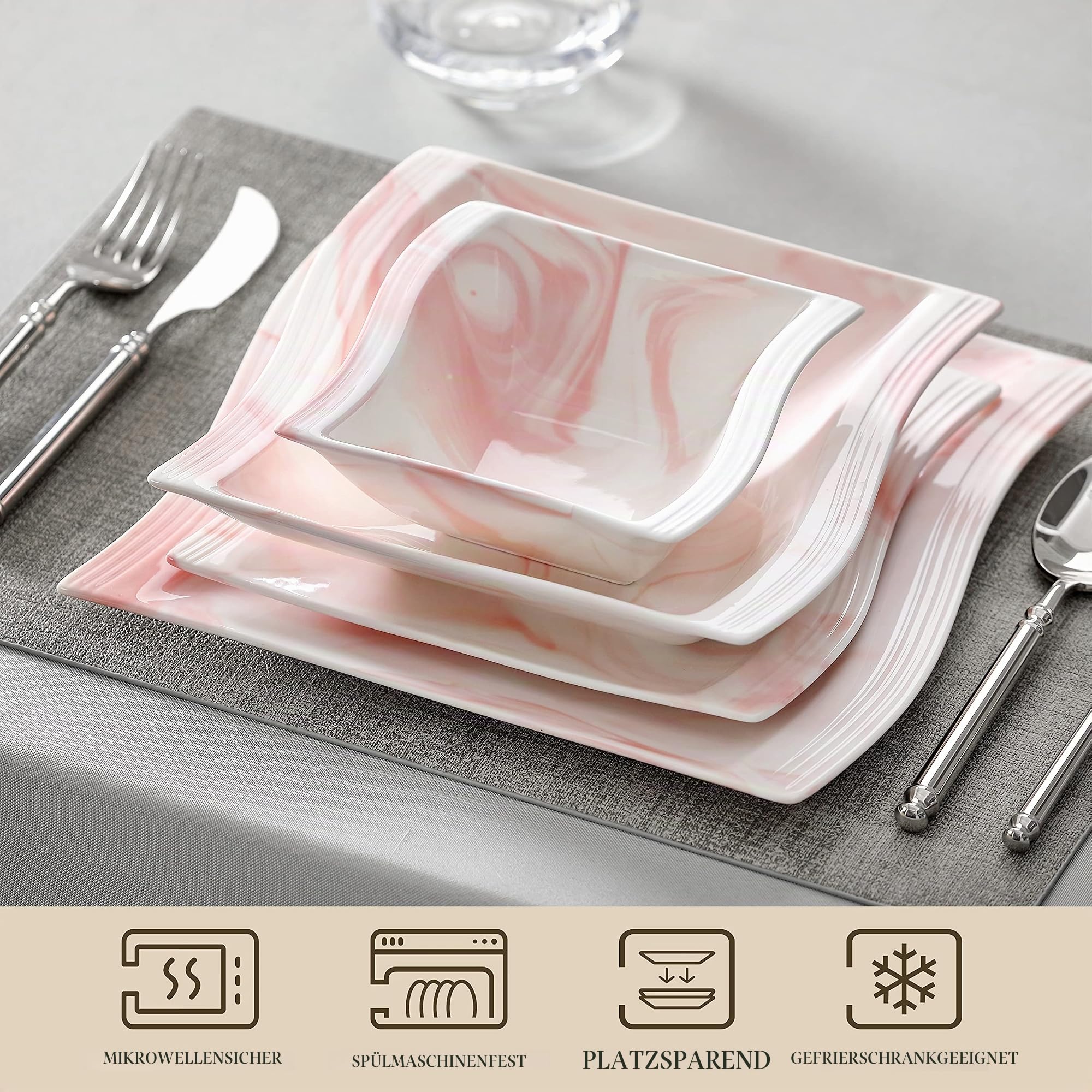 MALACASA Teller und Schalen Sets, 26 Stück Rosa Geschirrsets für 6, Porzellan Geschirrset mit Speisetellern und Schüsseln, Servierplatten, Quadratische Geschirrsets, Modernes Geschirrset, Serie Flora