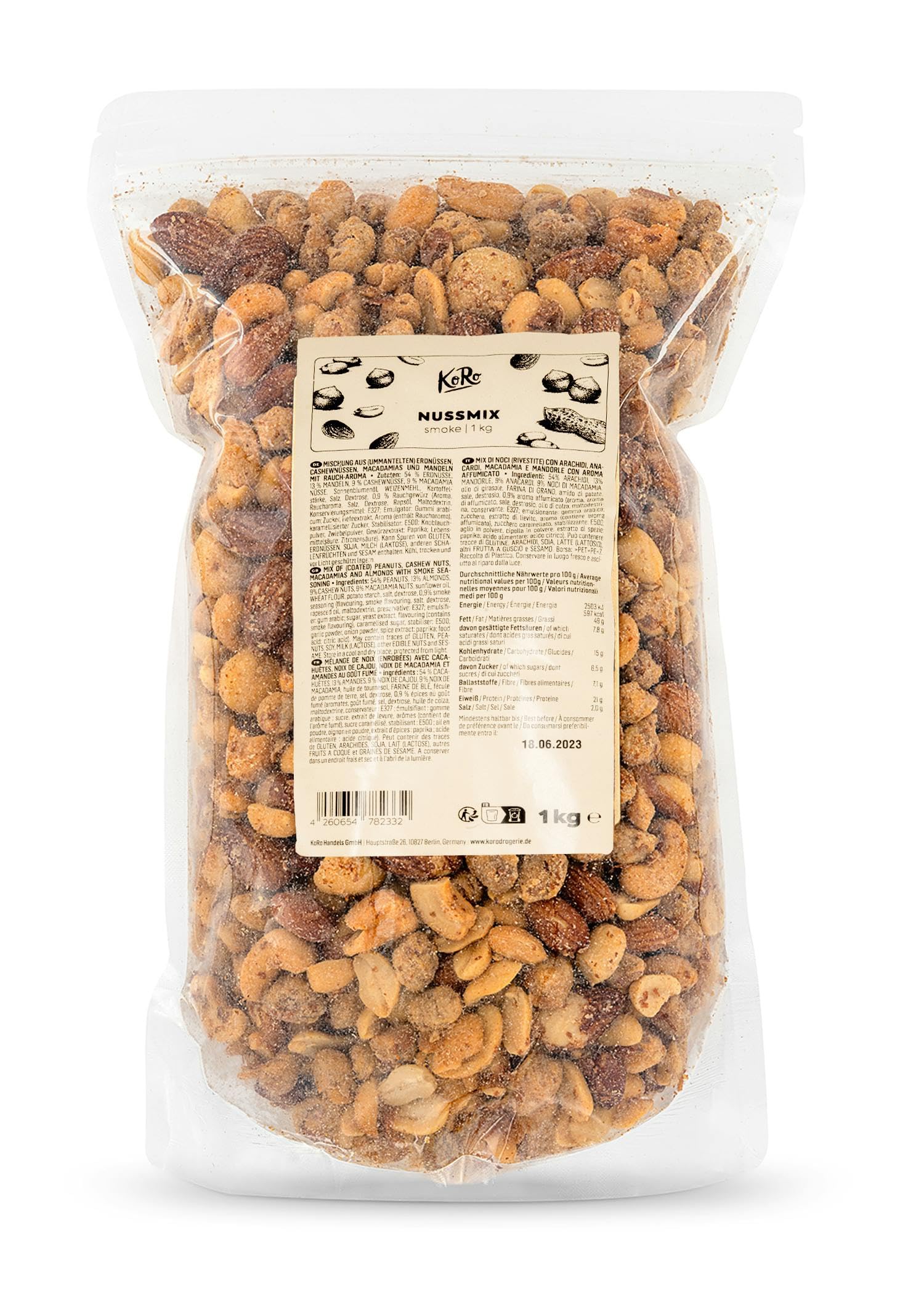 KoRo - Mélange de noix salées et fumées 1kg - Un snack fumé pour les petites faims