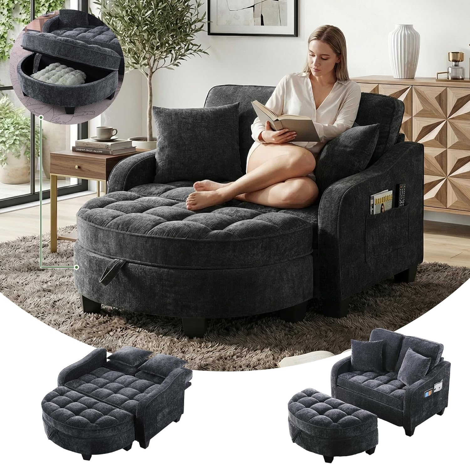 Oversized Chaise Lounge Chair Indoor with Storage Ottoman, Cloud Boneless Reading Recliner Chair with Adjustable Backrest, Soft Chenille Circle Couch for Living Room, Apartroom,Bedroom (Black, 51"W)