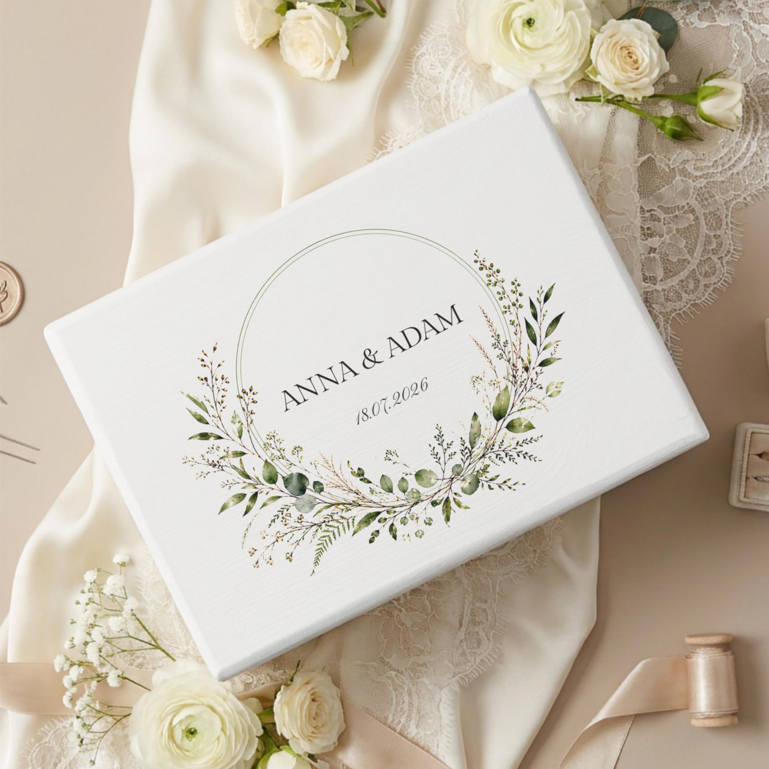 Creative DECO Personalizada Caja de Regalos Originales para los Novios Boda | Regalo Blanca | Caja Madera de Recuerdos Especiales | Parejas Aniversario Matrimonio | Motivo Corona con Hojas Nombres Fecha
