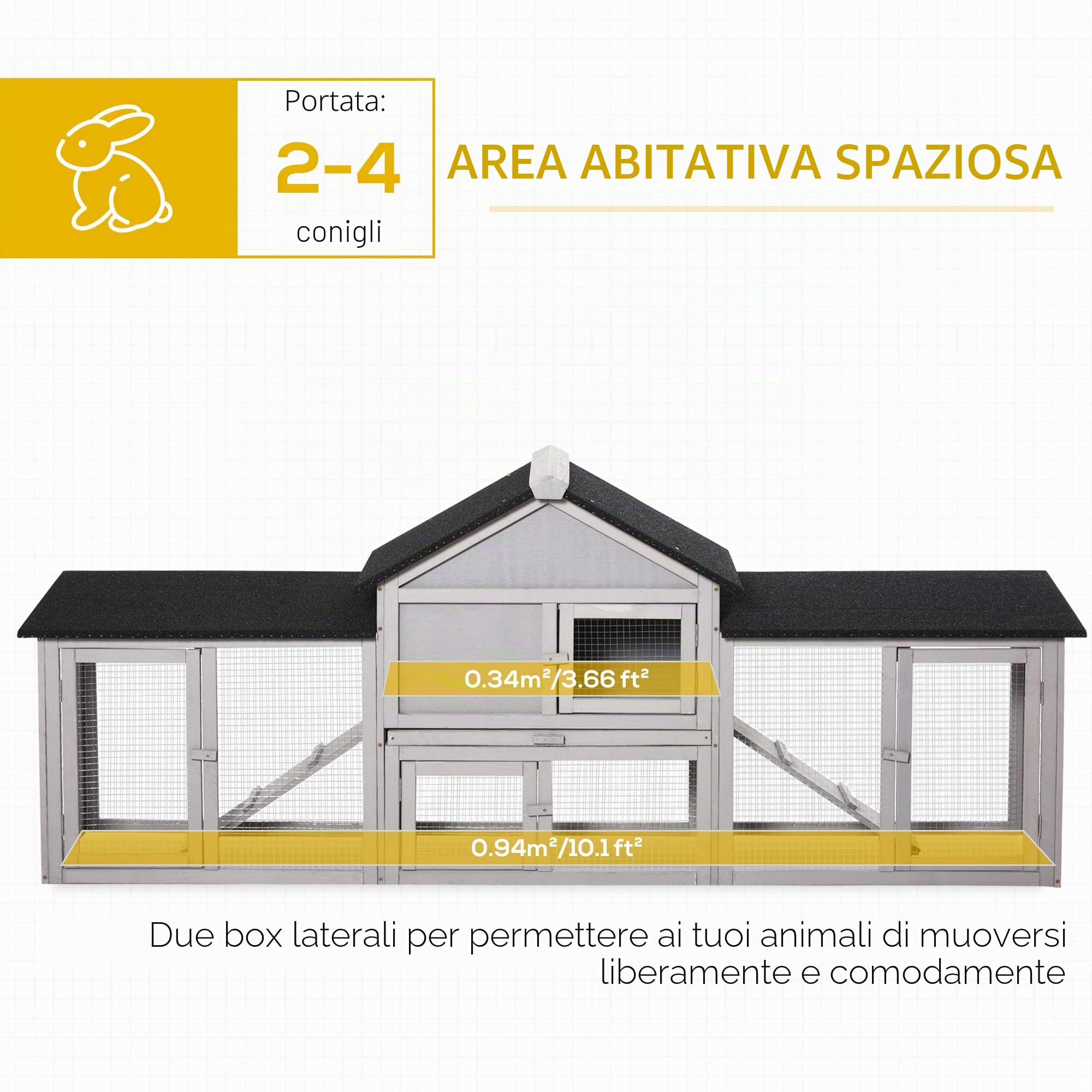 PawHut 83" L Conigliera esterna, doppio recinto per conigli, Grigio | Gabbia per cavie, conigliera in legno, tetto impermeabile, vassoio rimovibile, rampe, per polli e anatre