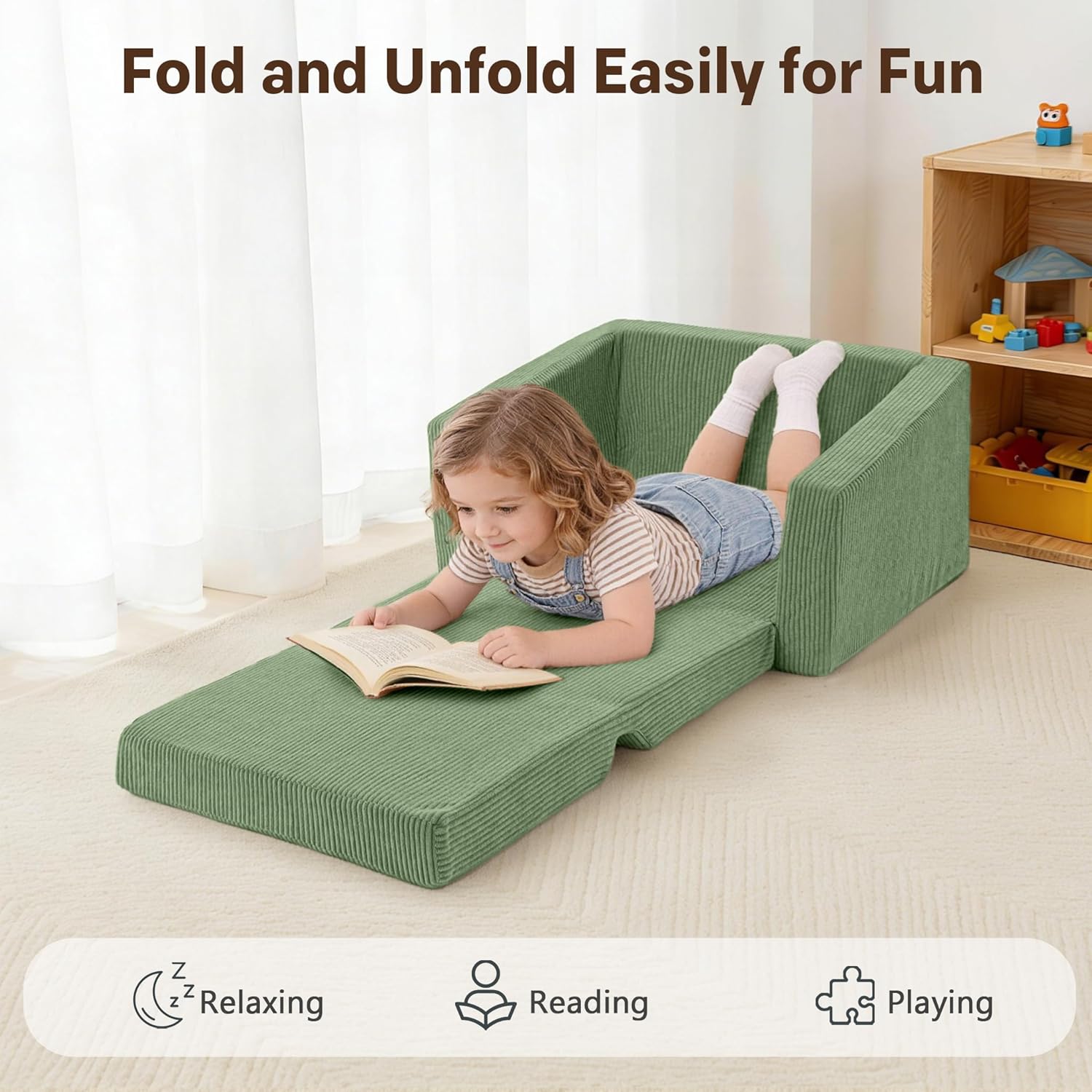 Bubble Ball Comfy Toddler Chair and Couch for Kids, 2-in-1 Convertible Kids Sofa, Fold Out Toddler Sofa to Lounger, Soft Cozy Kid Couch for Boys & Girls 1-3 Years Old, Green