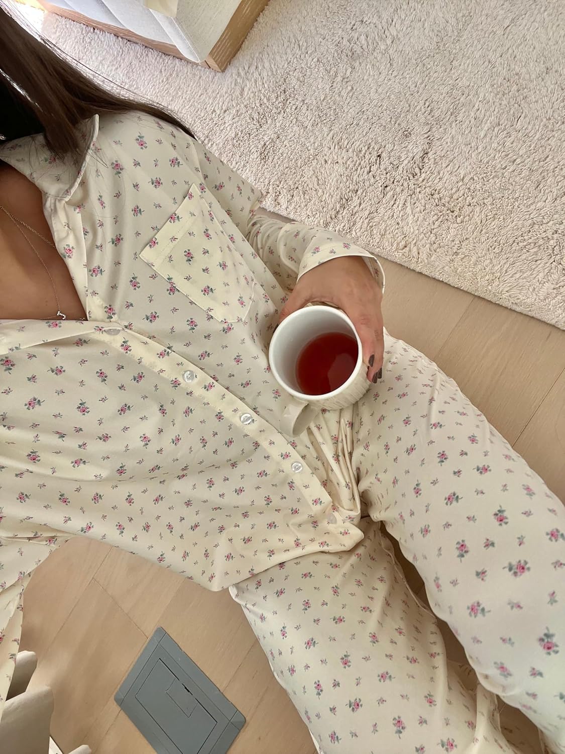 Seyurigaoka Women 2 Piece Floral Pajamas Lounge Set Y2K Long Sleeve Shirt Wide Leg Pants Sleepwear Pj Matching Sets