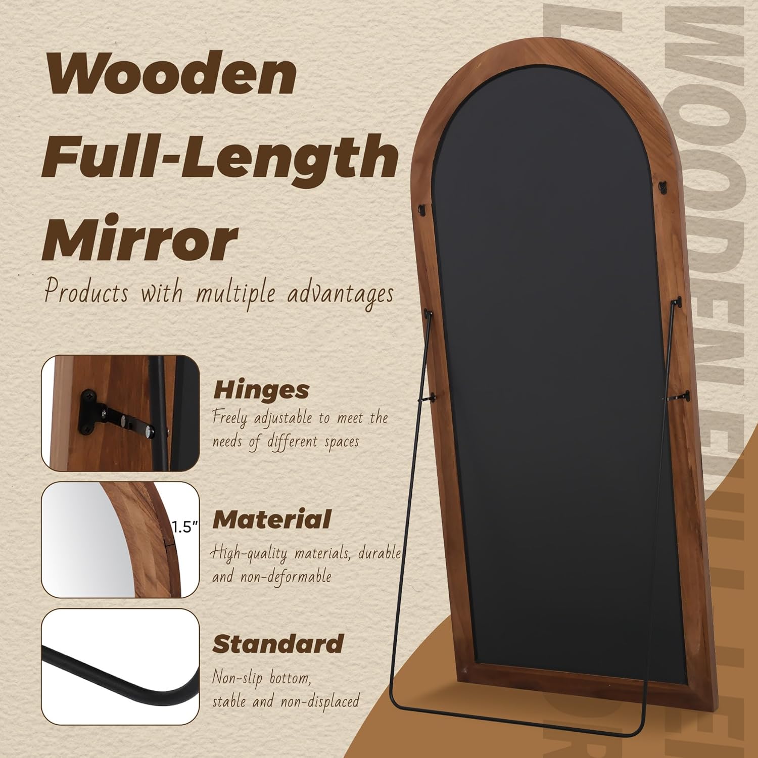 Antok Full Length Mirror with Solid Wood Frame, 76"×34" Wall Mounted Oversized Floor Mirror with Stand, Leaning Standing Hanging for Bedroom Living Room Entryway, Brown, Arched Syle