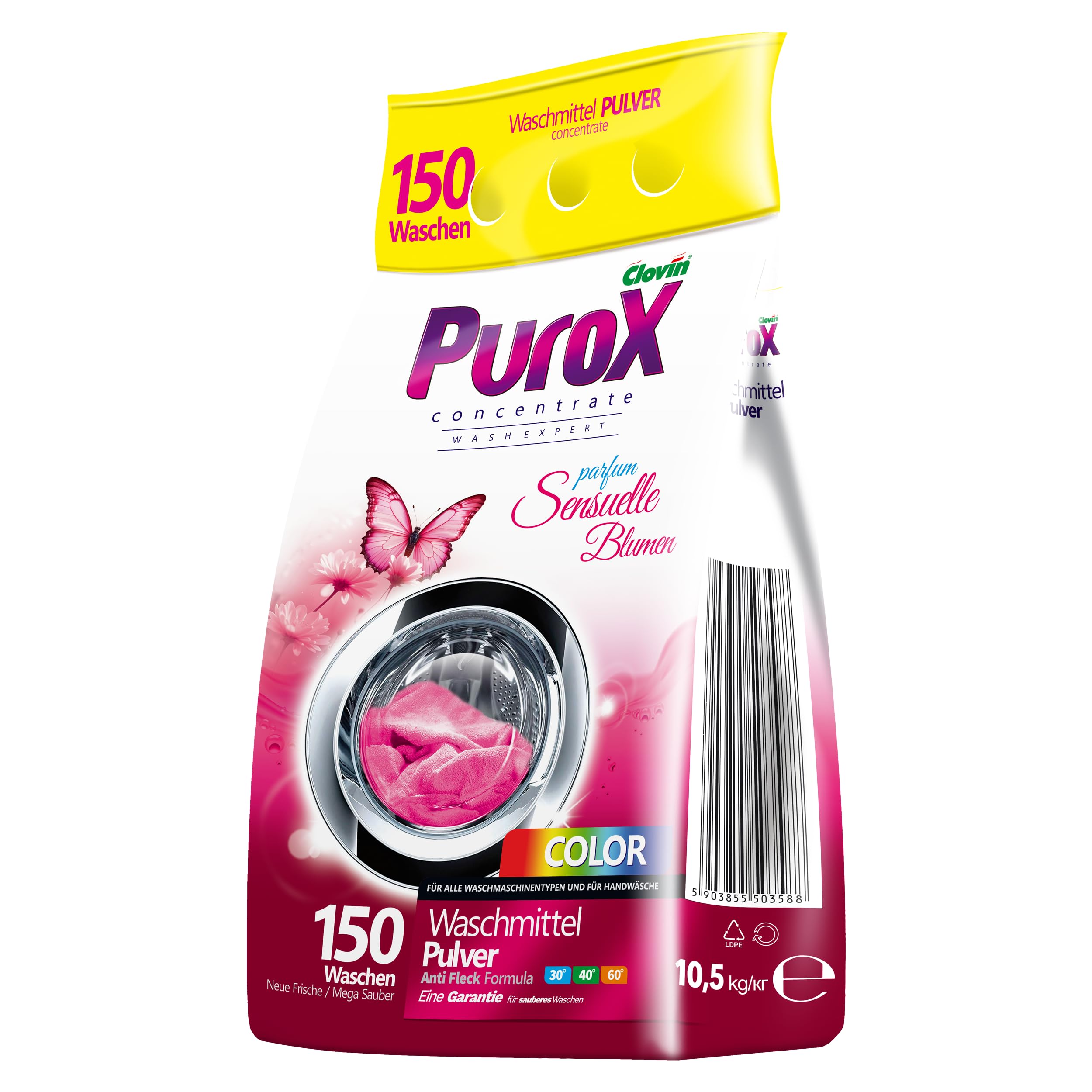 PUROX Color Lessive Poudre Fleurs - 10,5 kg 150 Lavages Anti-Taches