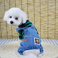 Vista 4 de SMALLLEE_LUCKY_STORE Suéter a rayas para mascotas, overol de mezclilla para perros pequeños, gatos, niño y niña, camiseta y pantalones de 4 patas