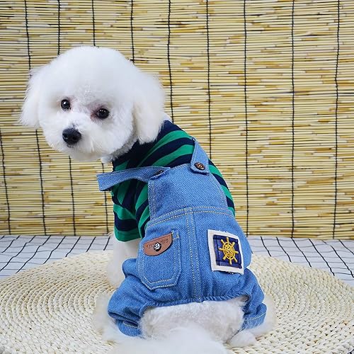 Miniatura 4 de SMALLLEE_LUCKY_STORE Suéter a rayas para mascotas, overol de mezclilla para perros pequeños, gatos, niño y niña, camiseta y pantalones de 4 patas,