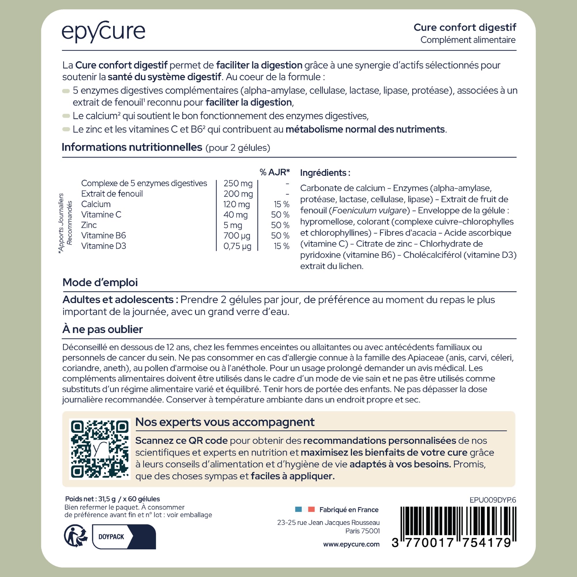 EPYCURE - Cure Confort Digestif - Améliore Digestion & Transit, Réduit Ballonnements & Flatulences - 95% Naturel - 5 Enzymes Digestives, Calcium, Fenouil, Zinc - 1 Mois - Vegan - Fabriqué en France