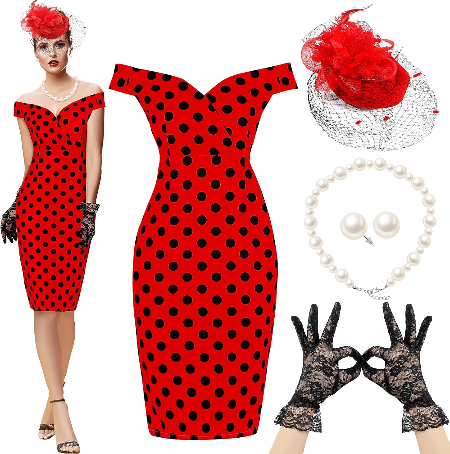 JenPen 5 Pcs Tea Party Dresses Vintage Rose Polka Dot Dress 1950s Derby Pencil Bodycon for Women Ladies Party Attire