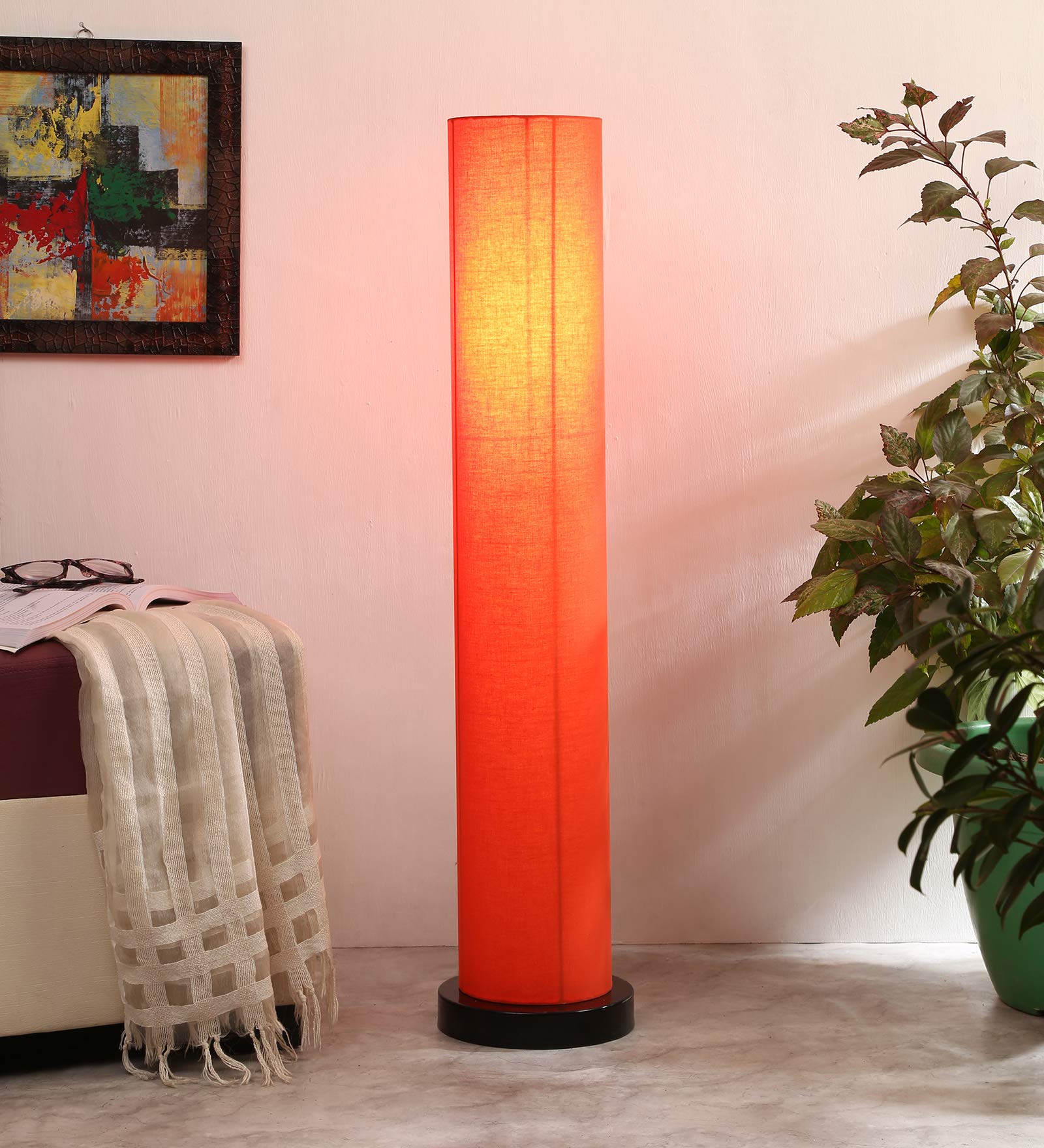 LED Light Corner Floor Lamp with Wood Base - Height 33 Inch | for Home Decor, Living Room, Bedroom, Hotel & Office | Standing Modern Lampshade (Cotton Shade, Color - Orange) Round Square Base-image-35
