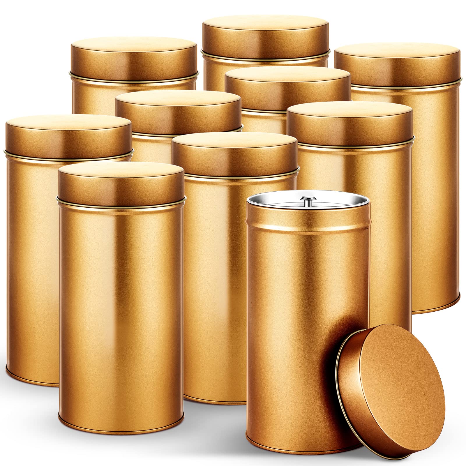 Zubebe 10 Pieces Tea Canister with Airtight Double Lids 32 oz Metal Container with Lid Large Tea Tin Can Loose Tea Organizer Coffee Storage Box for Kitchen Herbs Spices Tea Bags Candy Sugar (Gold)