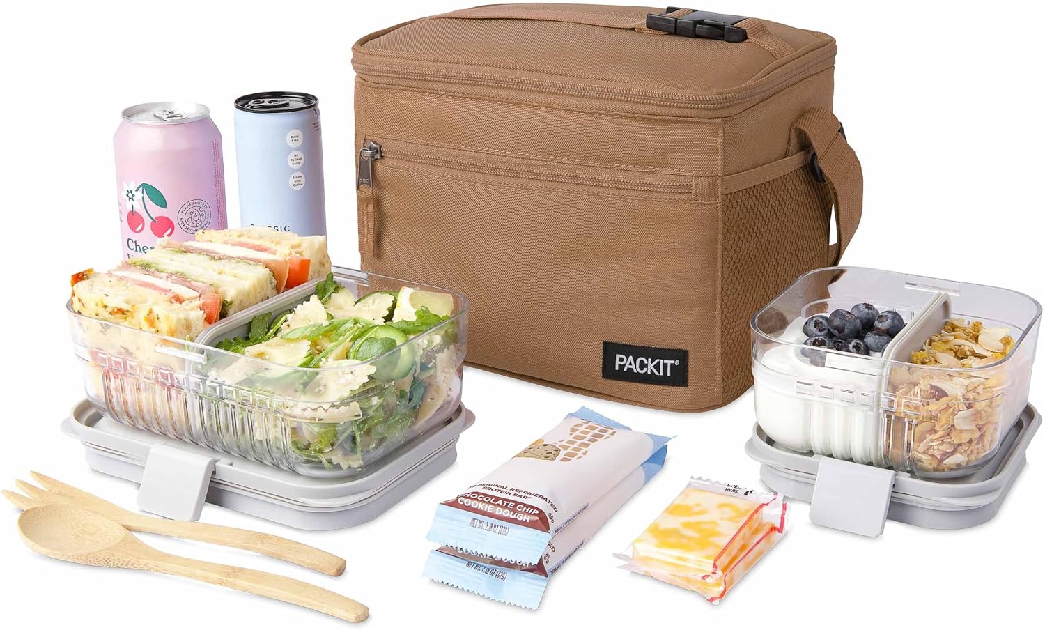 PackIt Freezable Essential Lunch Cooler, Almond, Built with EcoFreeze Technology, Fully Freezable, Collapsible, Reusable, With Adjustable Crossbody Strap, Top Clip Handle, Designed for Fresh Office