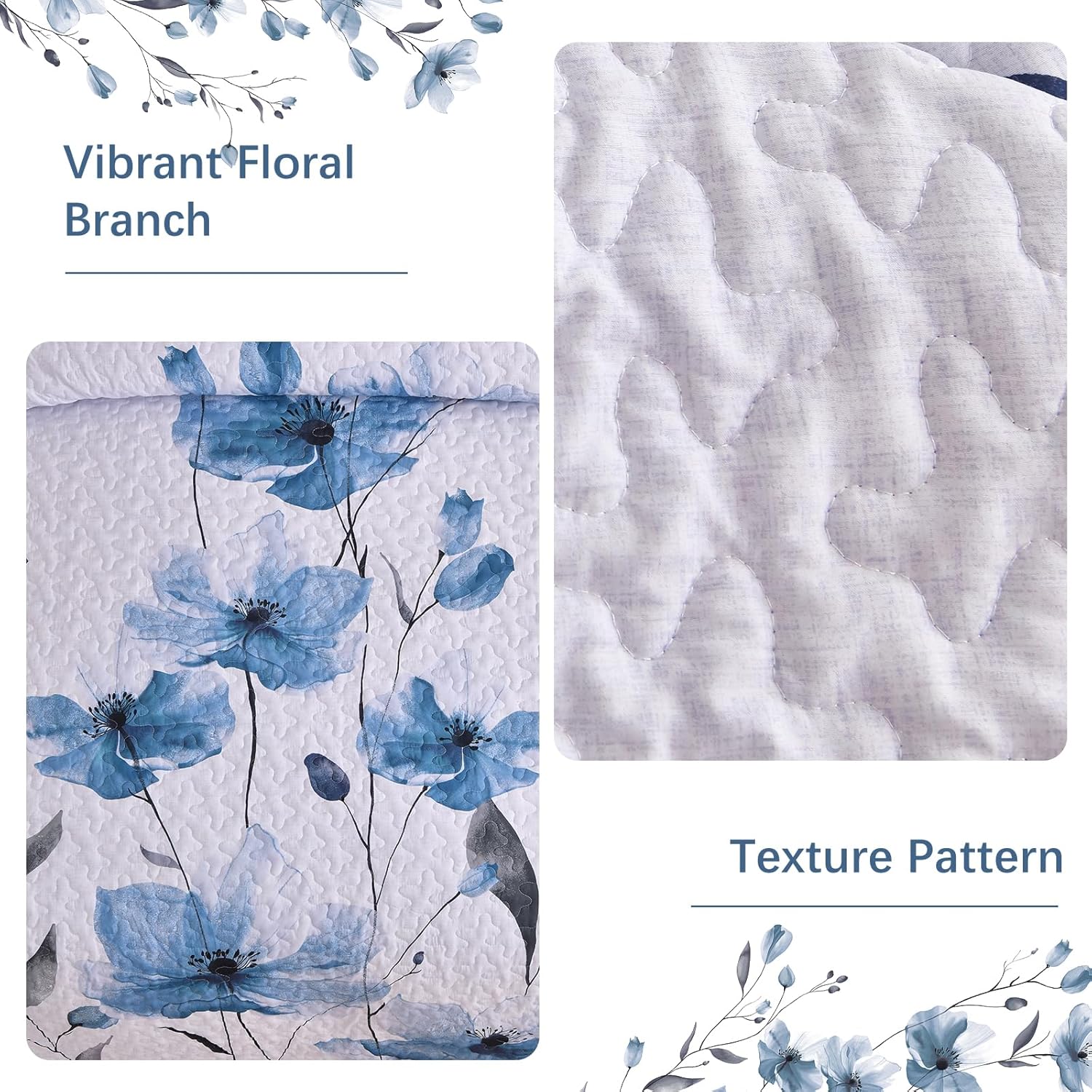 Mybedsoul Floral Quilt Set Queen Size, 3 Pieces Blue Bedspread Coverlet Set, Lightweight Farmhouse Botanical Bedding Set for Fall Winter All Season(96"x90") - Image 4