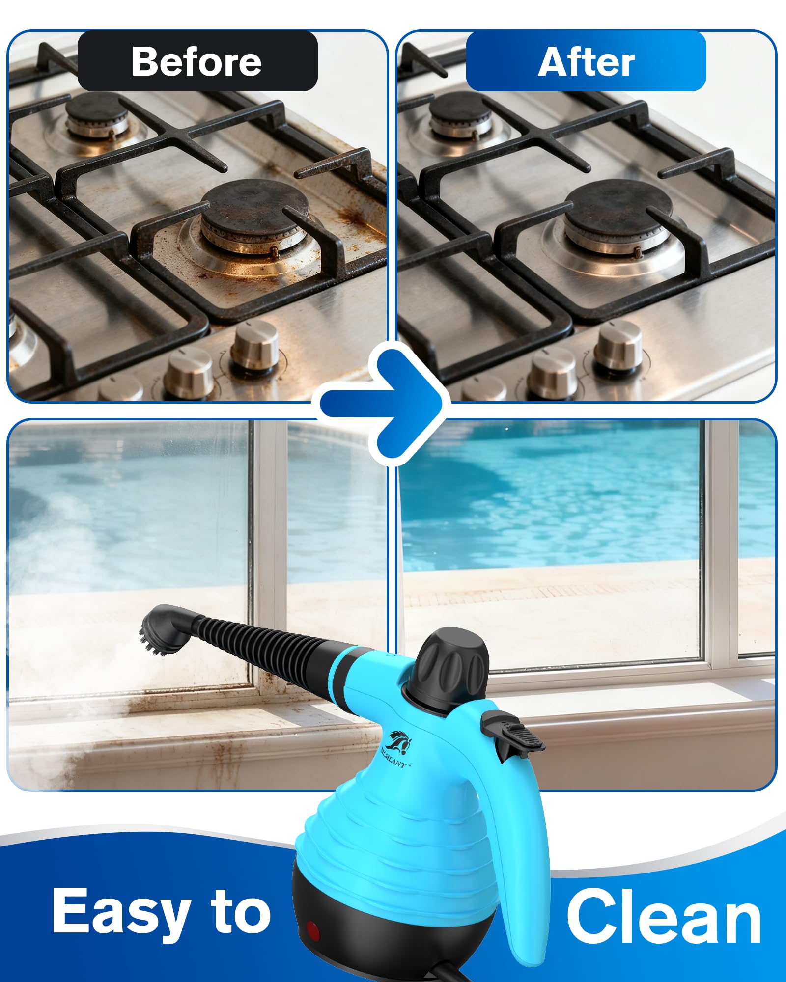 MLMLANT Nettoyeur vapeur avec 10 accessoires et verrouillage de sécurité. Convient pour nettoyer les sièges de voiture, la graisse de cuisine, les canapés et plus encore (bleu ciel)