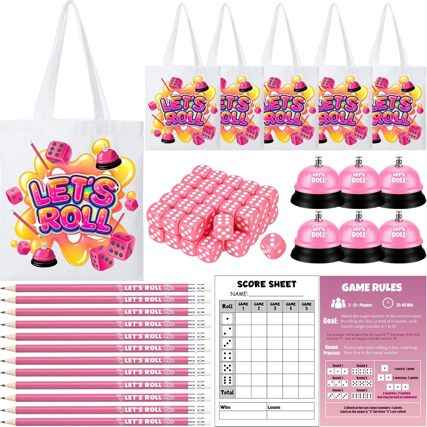 6 Sets Bunco Game Kit Party Supplies for Ladies 60 Pink Dice 12 Tote Bag 6 Bells 30 Score Card 12 Pencils Rule Sheet Night Family Board Games for Women Girl up to 6 Groups 2-12 Player