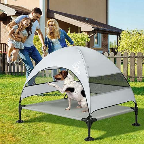 Miniatura 7 de Cama elevada mejorada para perros con toldo, cama elevada portátil para perros al aire libre con pies antideslizantes estables, cama para mascotas