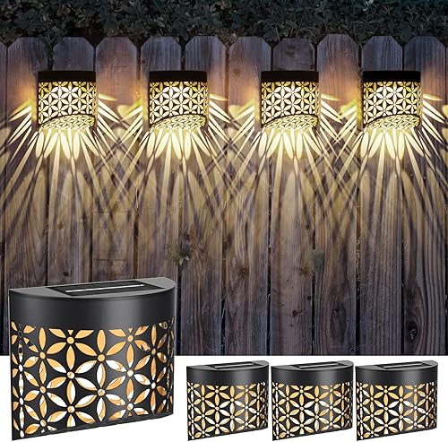 Timeflies Luces solares para terraza, paquete de 4 luces solares de hierro para valla al aire libre, impermeable, iluminación decorativa para pared,