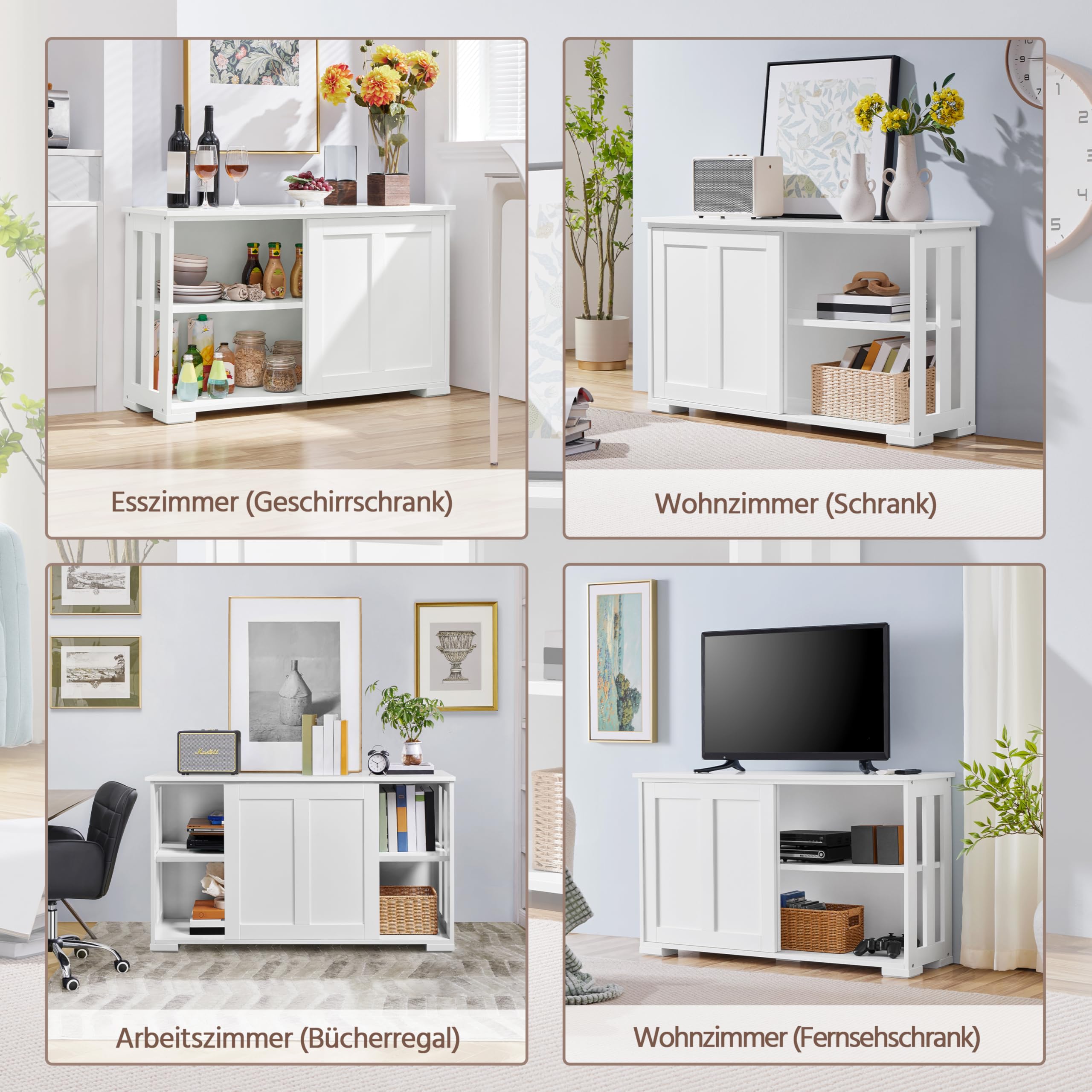 Yaheetech Küchenschrank Aufbewahrungsschrank mit Stauraum und Schiebetüren Konsolentisch Sideboard aus Holz Küchekommode freistehender Schrank Buffetschrank Beistellschrank Küchenmöbel Weiß