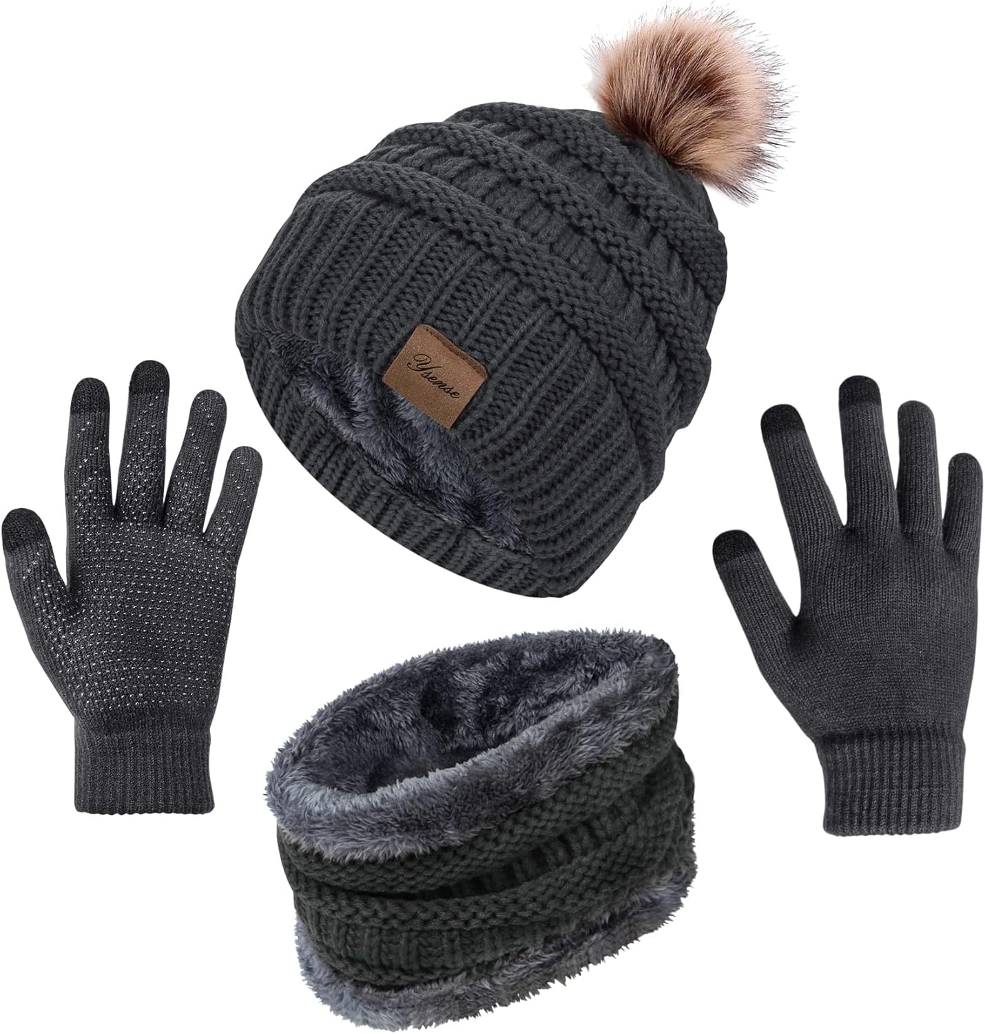 Womens Winter Hat Scarf Touch Screen Gloves Set 3 Pcs,Warm Knit Fleece Lined Slouchy Beanie Hat with Faux Fur Pom