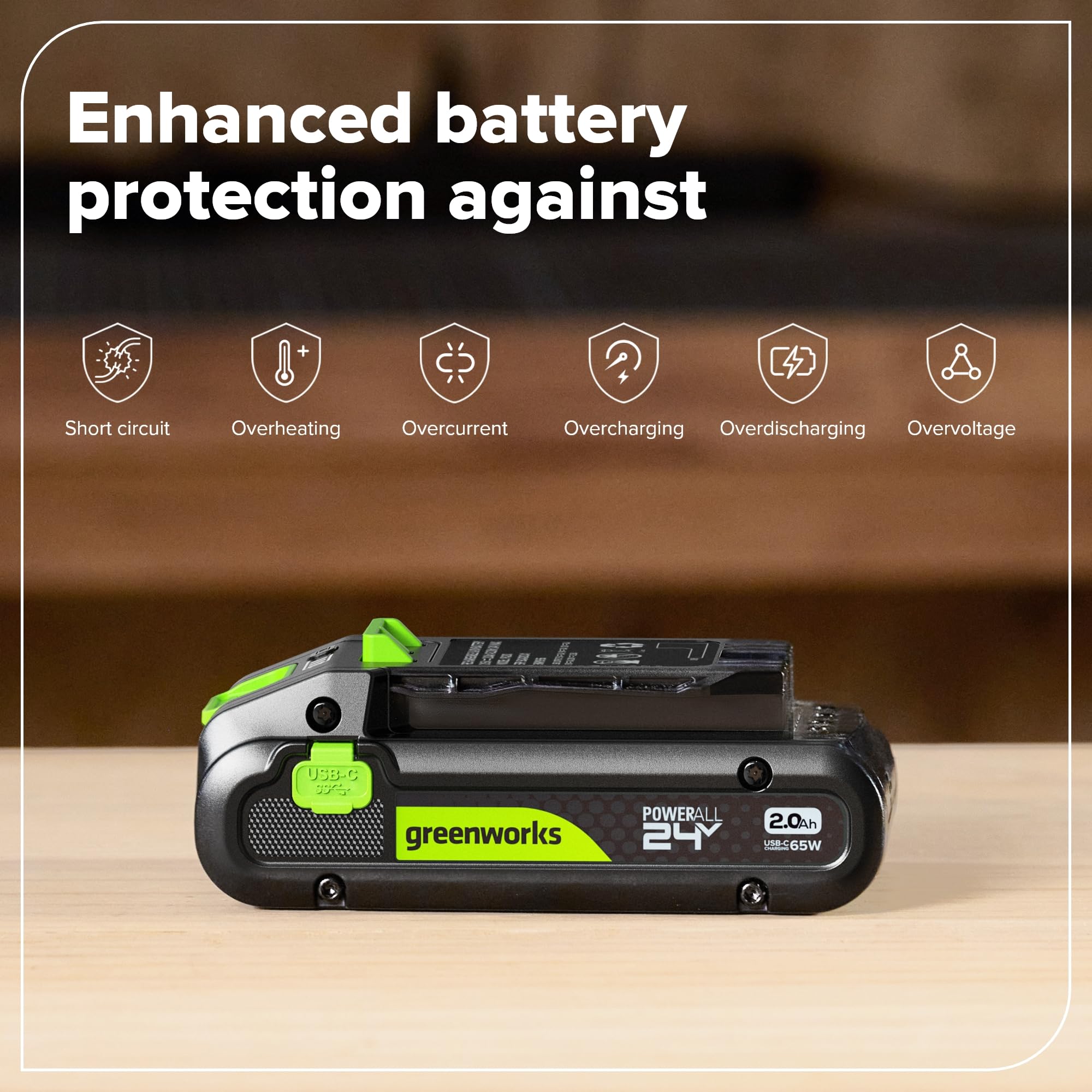Greenworks Batería USB-C de Alta Potencia de 24 V y 2 Ah y Cargador USB-C de 65 W y Cable de 100 W, batería de Iones de Litio Adecuada para Todos los Dispositivos Greenworks de 24 V de 24 V, K2S2BEA